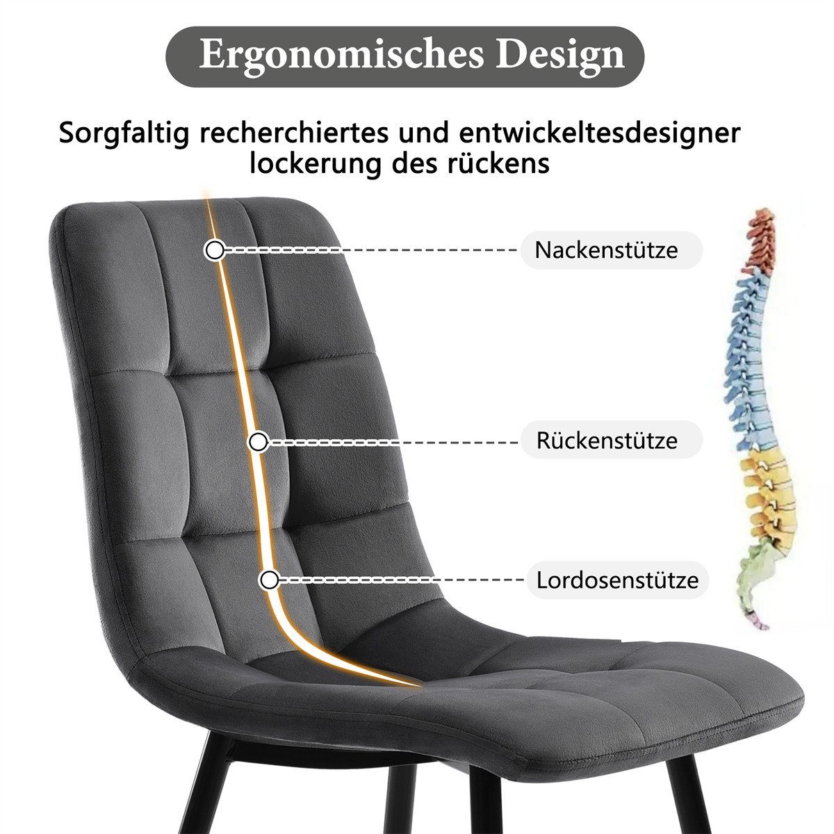 XDeer Esszimmerstuhl 4er Rückenlehne, Küchenstuhl montieren aus Samt zu Sitzfläche mit Gestell Esszimmerstühle,Polsterstuhl Metall,Leicht Set aus Grau