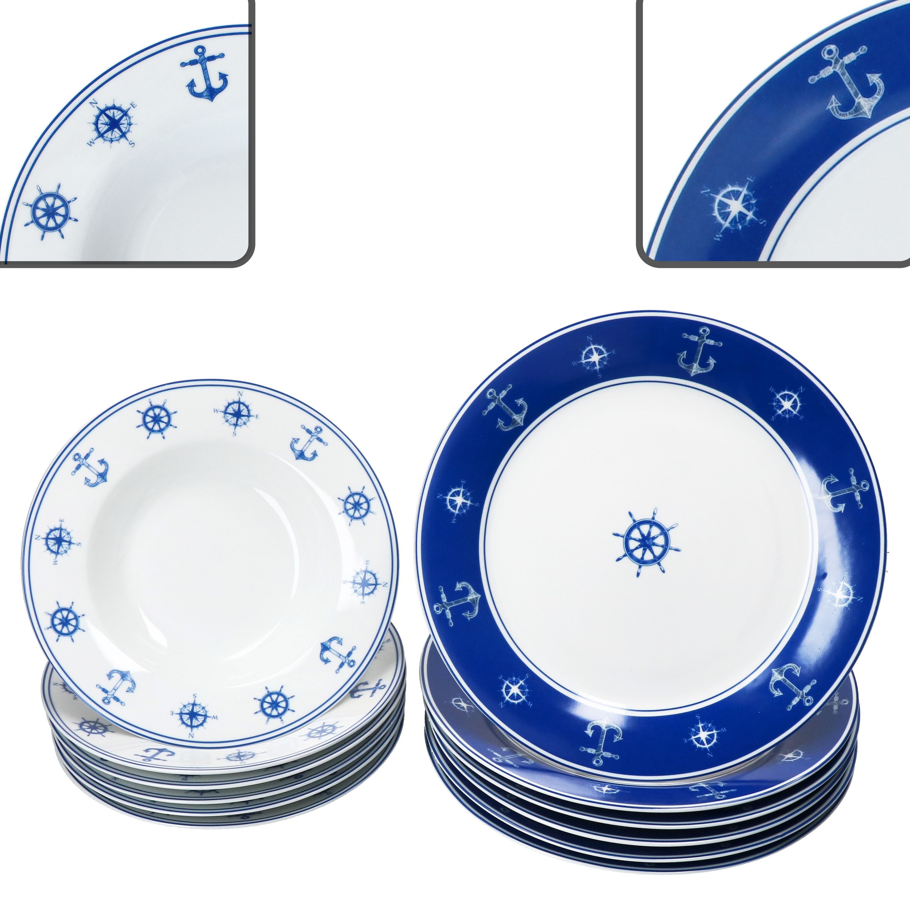 MamboCat Tafelservice Ahoi 12tlg Tafelservice Porzellan 6 Pers Essteller Suppenteller Anker, Porzellan