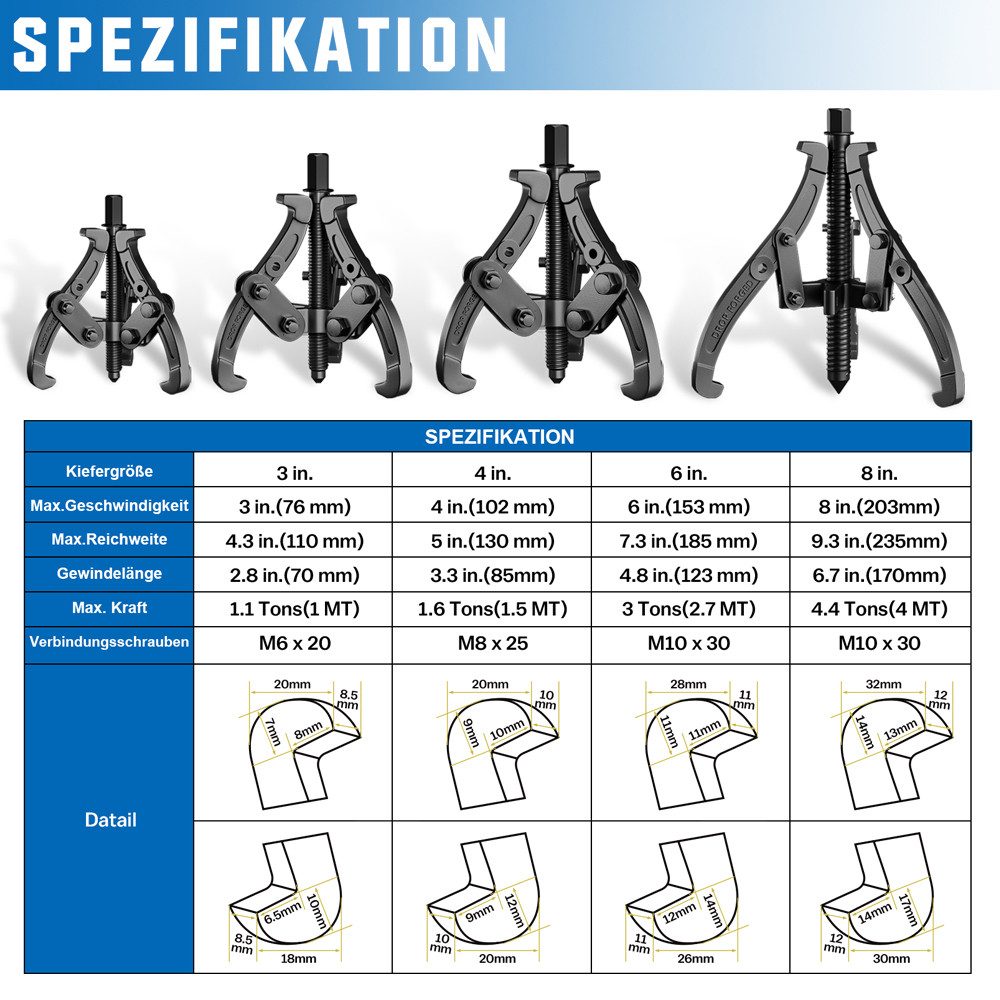 XERSEK Radnabenabzieher Lagerabzieher, 3-Armig Abzieher 3/4/6/8" Innen- und Außenziehend, Universal für Kurzes, Standardmäßiges, Langes und Extra Langes Ziehen