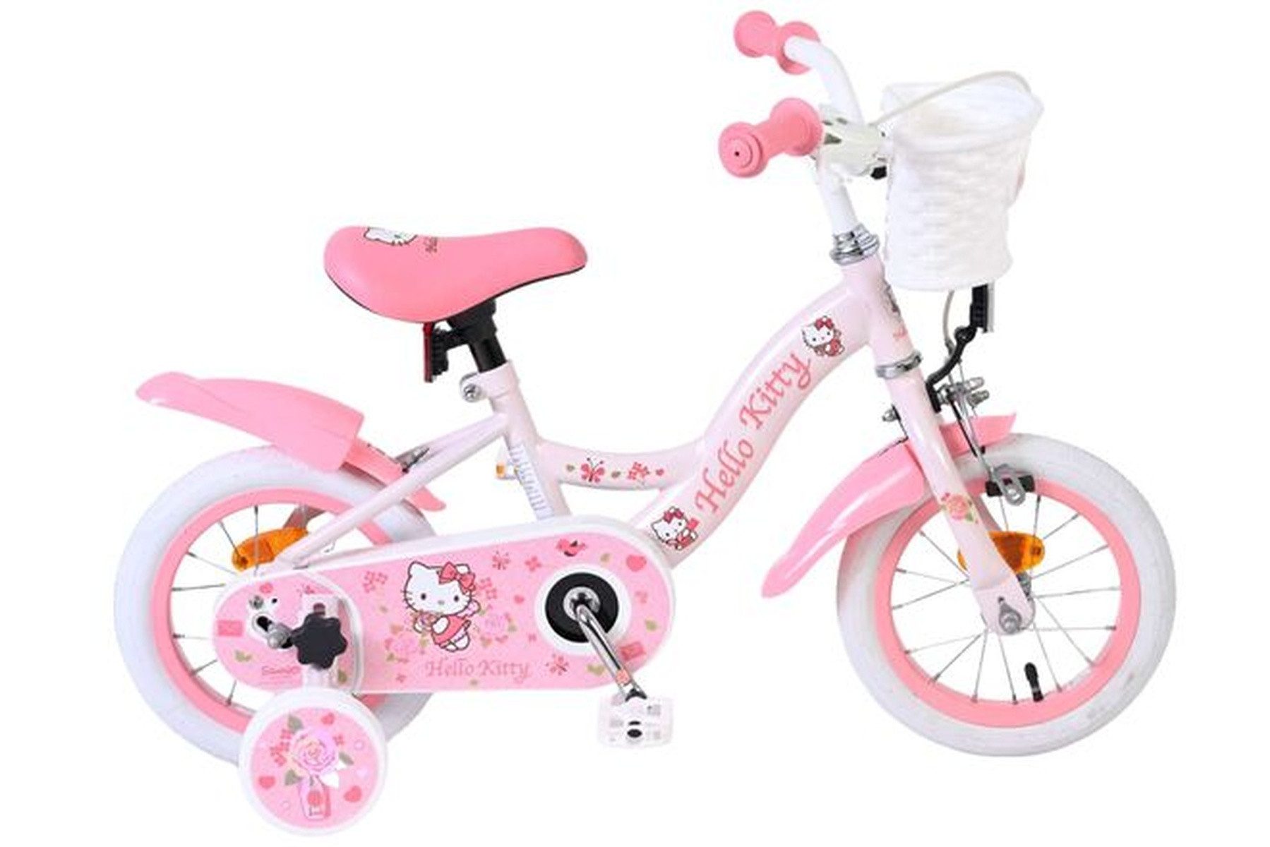 Kinderfahrrad Hello Kitty 12 Zoll für Mädchen in Rosa mit Stützrädern und Korb
