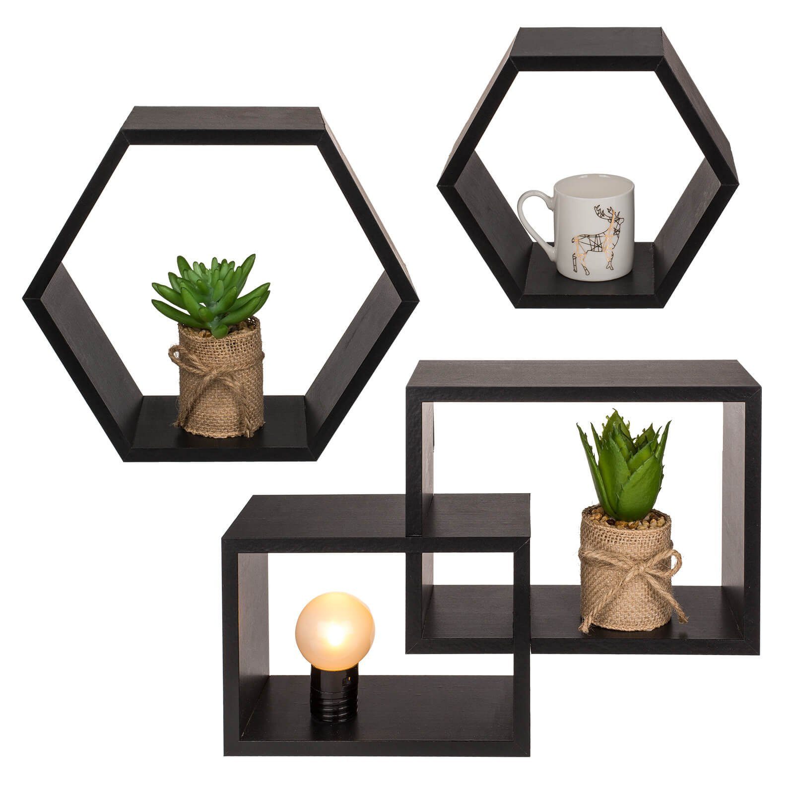 Out of the Blue Deko-Wandregal 3er Set Holz Deko Wandregal 6-eckig 4-eckig günstig online kaufen