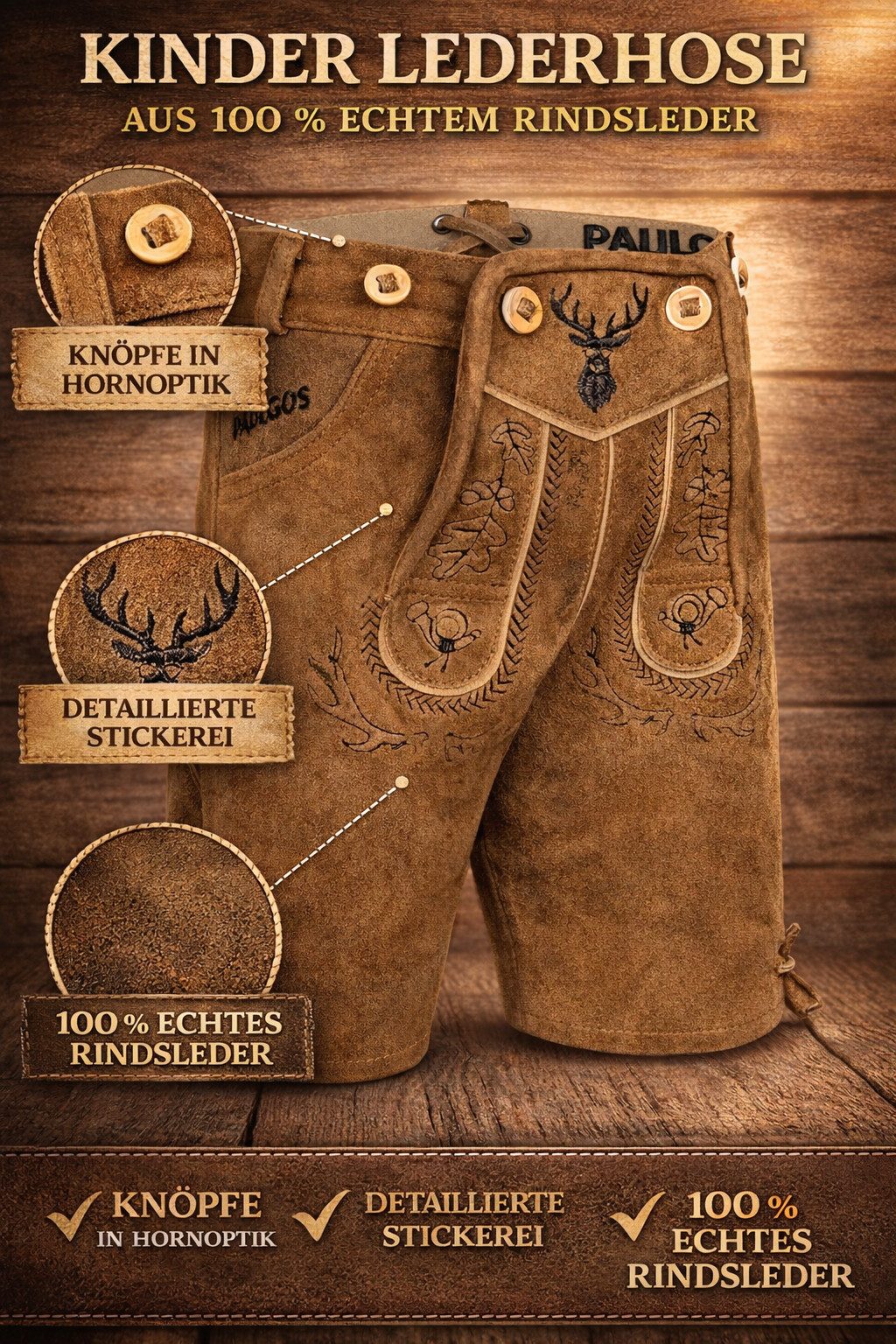 PAULGOS Trachtenhose Kinder Lederhose Kurz mit Trägern 100% Echtleder - KK2