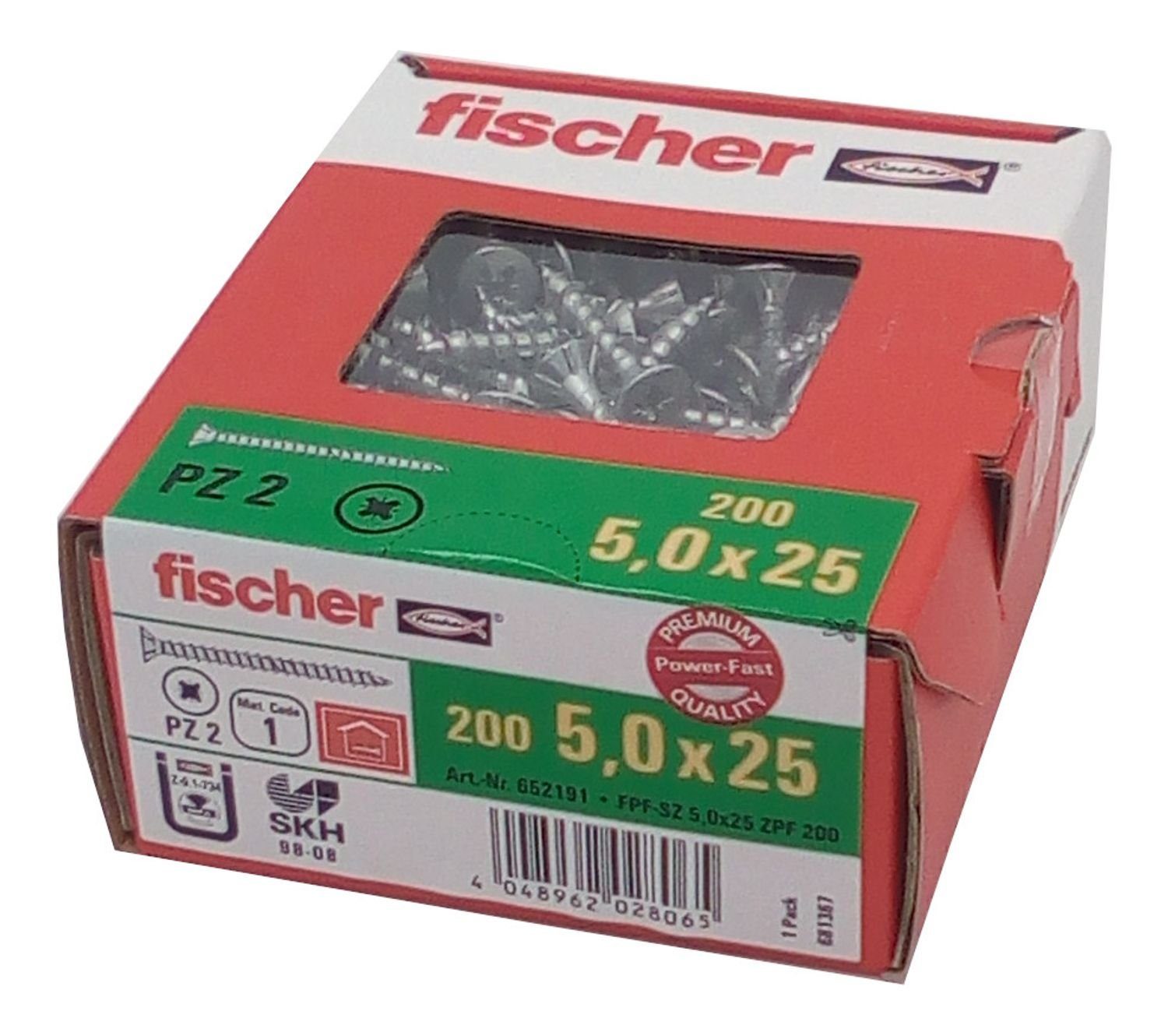 Fischer Befestigungstechnik Spanplattenschraube 200x fischer Spanplattenschrauben 5,0x25 PZ2 Holzschrauben verzinkt Vo, (200 St)