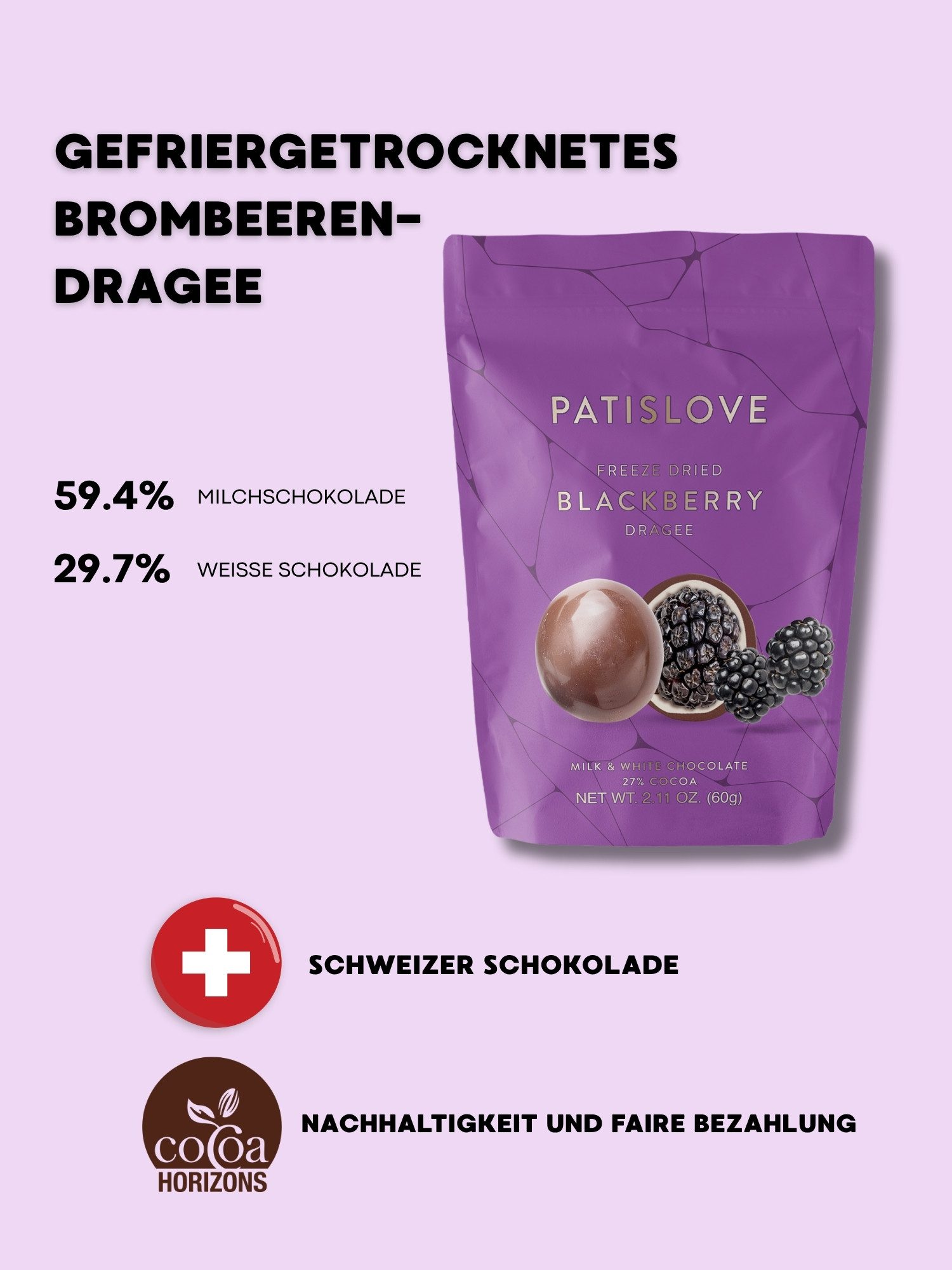 PATISLOVE Schokolade Patislove Brombeer Dragee – Gefriergetrocknet in Schweizer Schokolade, 60 g, Gefriergetrocknet, Mit echter Schweizer Schokolade