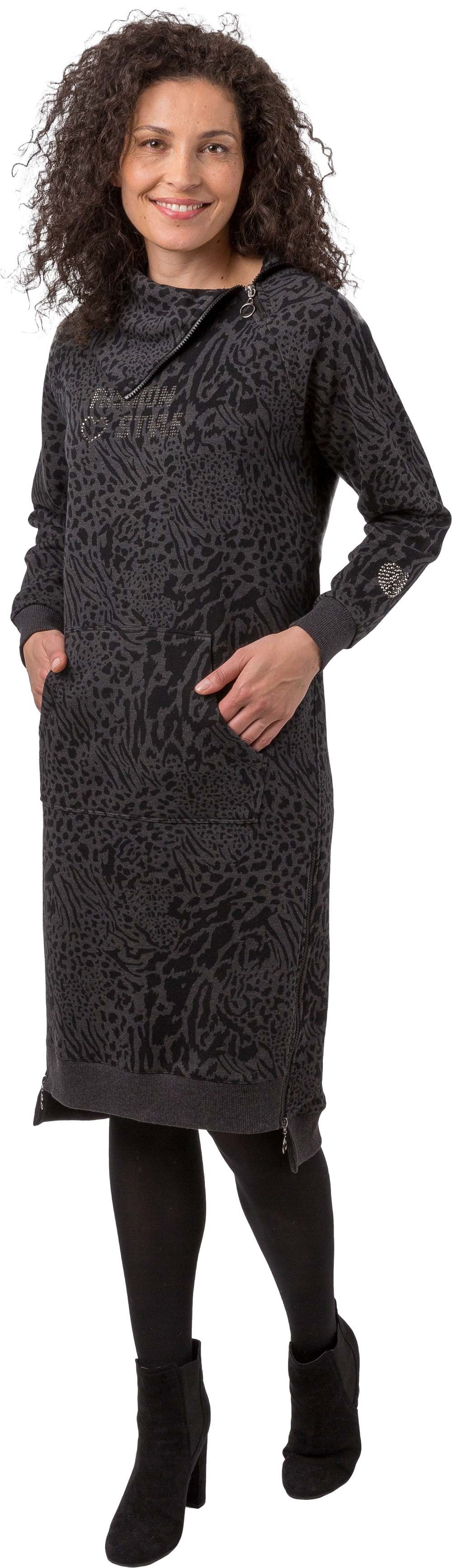 Sweatkleid 186-5149-24 in Animal-Print mit modischen Reißverschlüssen