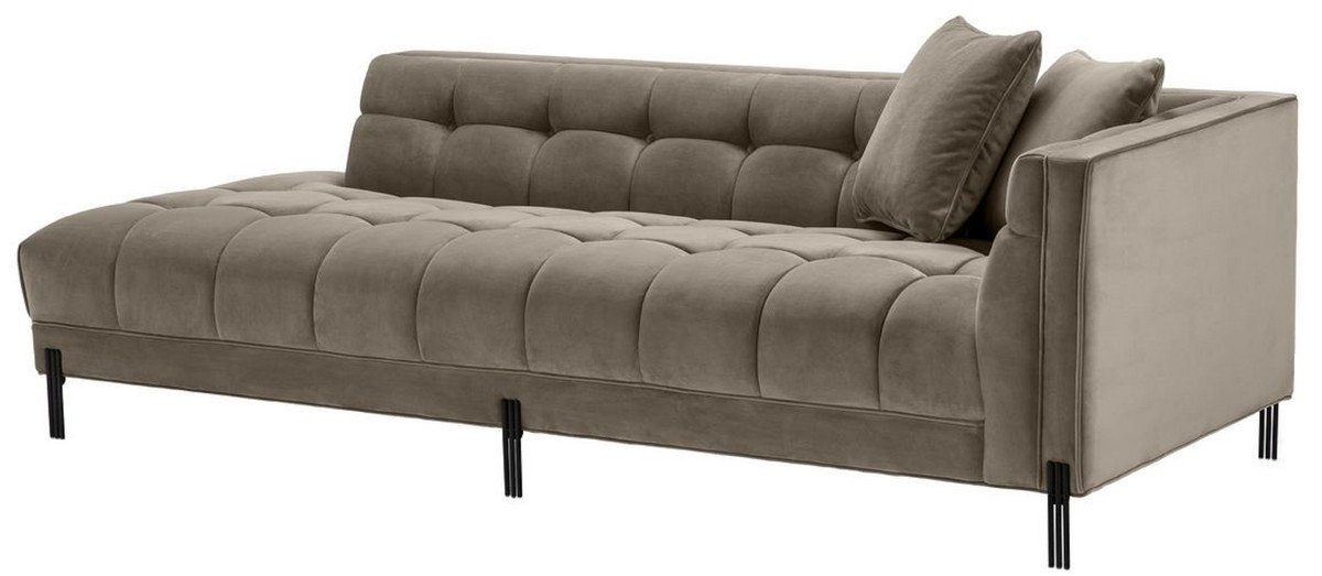Casa Padrino Loungesofa Luxus Lounge Sofa Greige / Schwarz 223 x 95 x H. 68 cm - Rechtsseitiges Wohnzimmer Sofa mit edlem Samtsoff und 2 Kissen