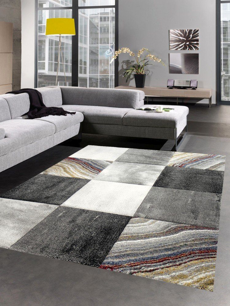 Carpetia Teppich Teppich modern Teppich Wohnzimmer Karo grau gelb gold, rechteckig, Höhe: 13 mm