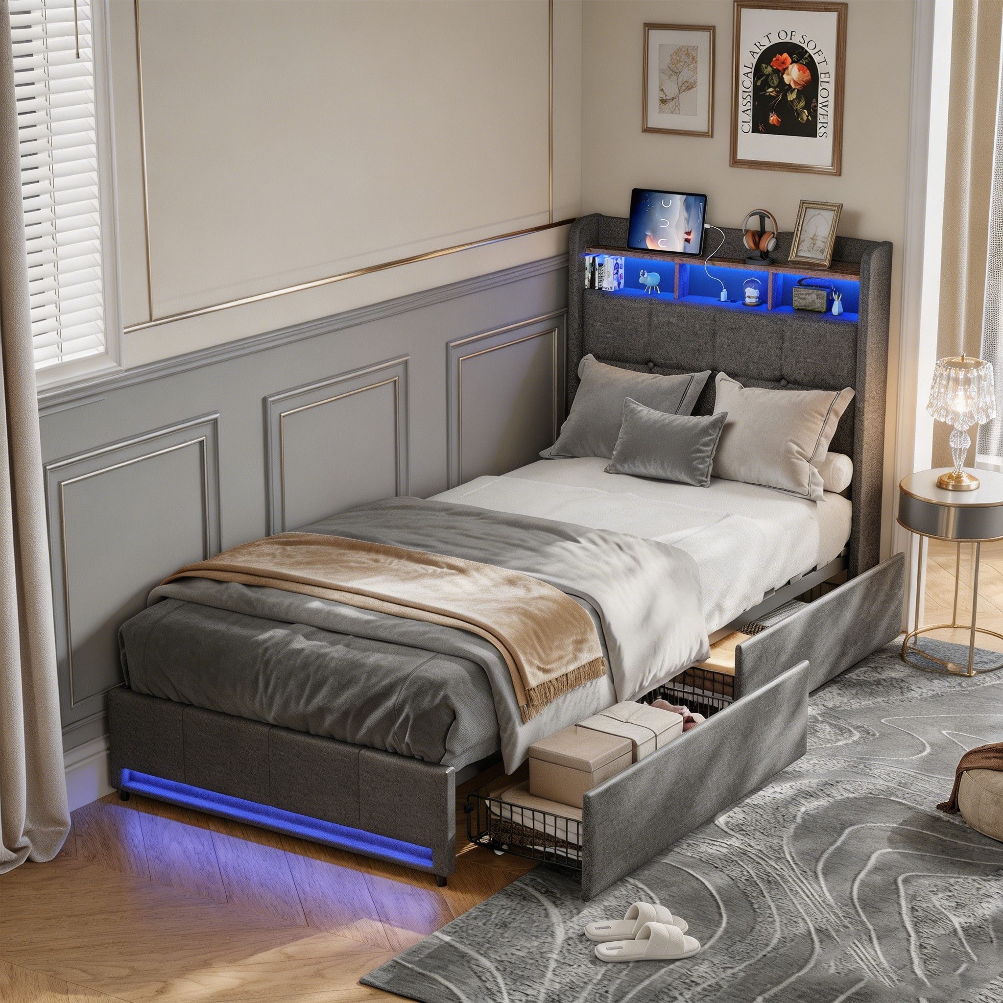 Simurq Einzelbett Polsterbett 90x200 mit 2 Schubladen, Jugendbett, Gästebett, Multifunktionsbett, Mit Lattenrost, USB Port & LED, Leinen