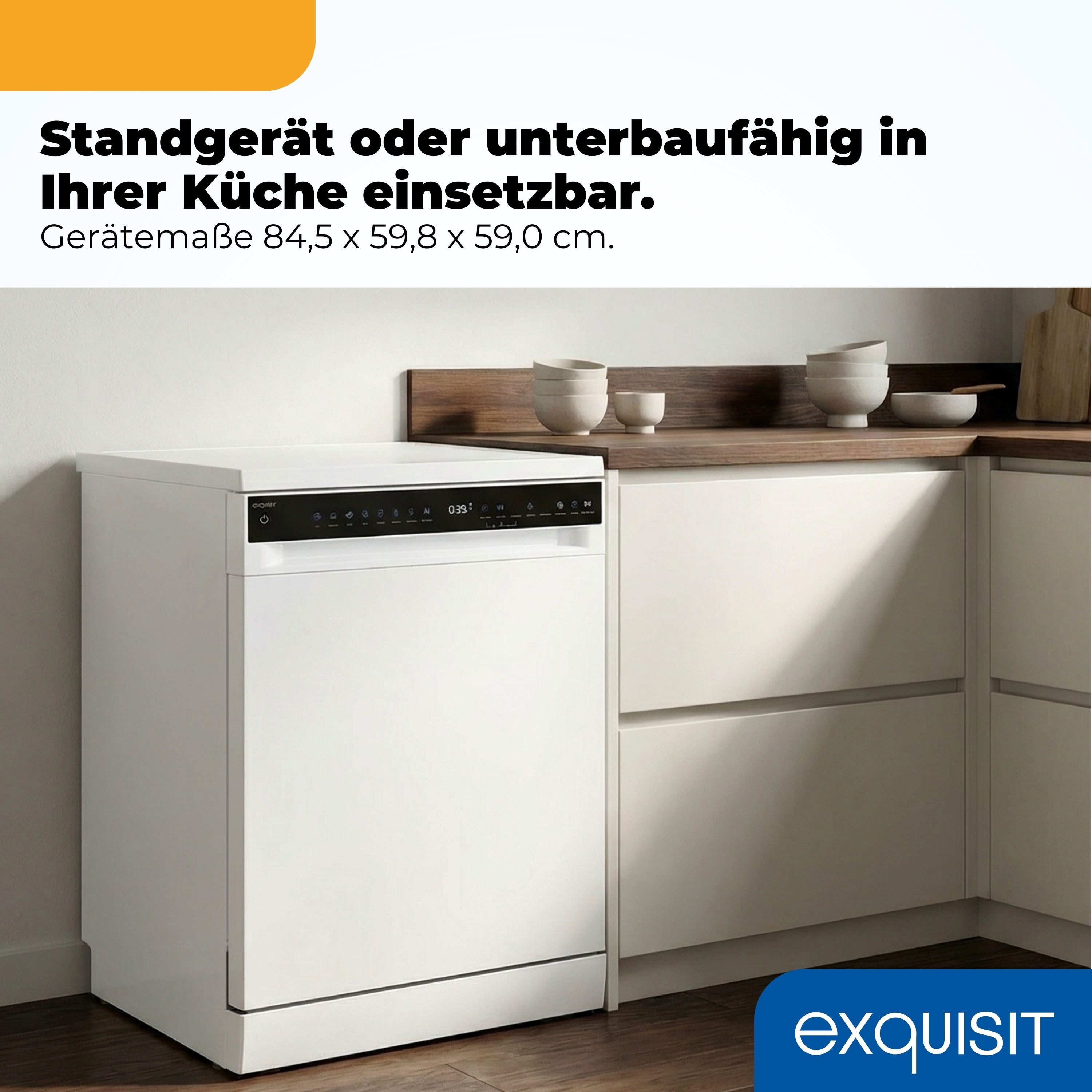 exquisit Standgeschirrspüler 9616 GSP9616-450B weiss, 10,9 l, 16 Maßgedecke, 16 Maßgedecke & flüsterleise 44 dB – stark und angenehm ruhig