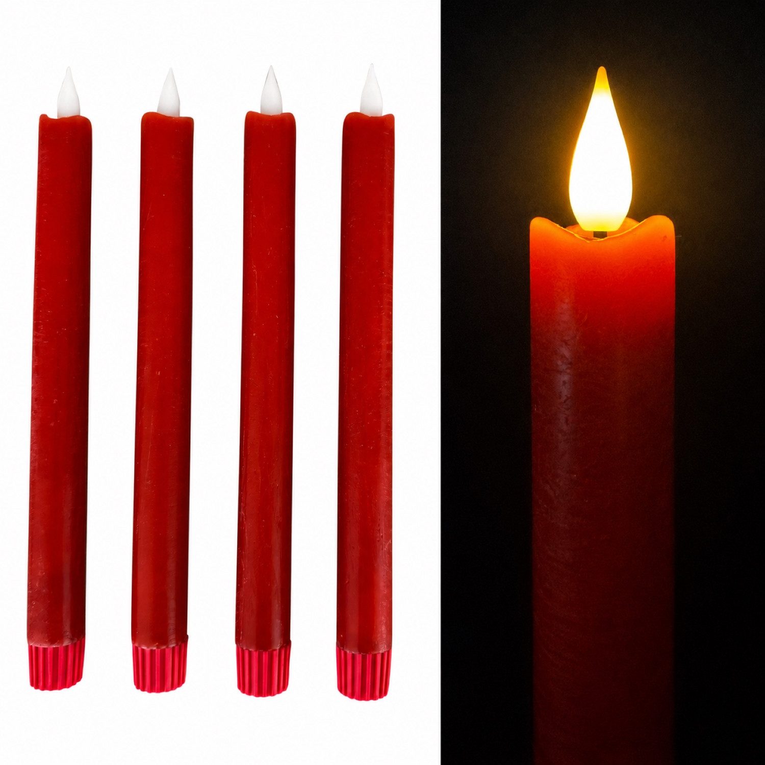 Online-Fuchs LED-Kerze 4 LED Stabkerzen aus Echtwachs mit 6-Stunden Timer - 478042 (Weiß, Creme, Rot, Grün, Lila & Altrosa, Long Shine Funktion), realistische Kerzenflamme mit Docht und einem Wellenrand