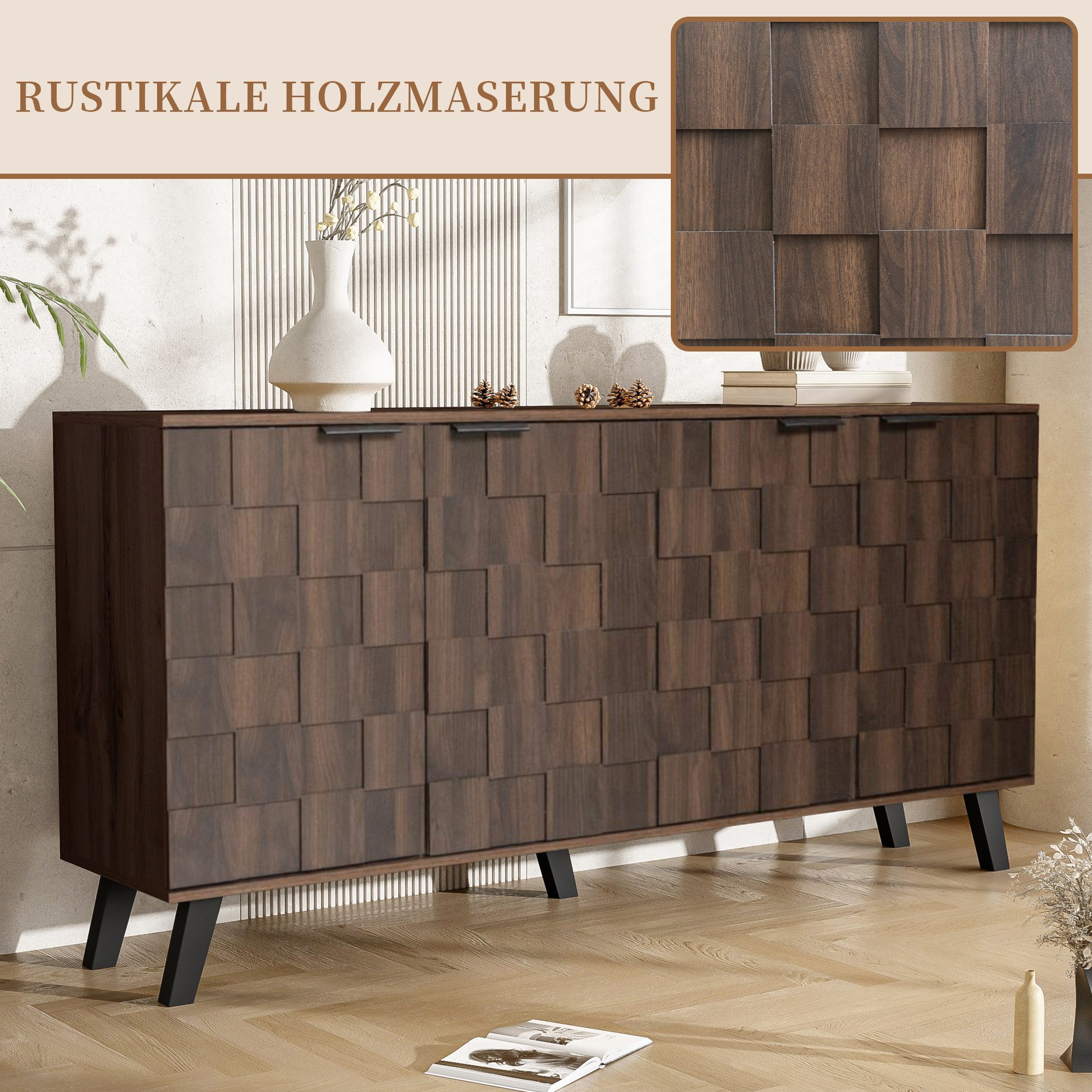 SeedWave Sideboard Karierter Schrank Atmungsaktive Kommode von Holzmaserung mit 4 Türen, 2 Rückseitige Löcher zur Wandbefestigung, verstellbare Einlegeboden