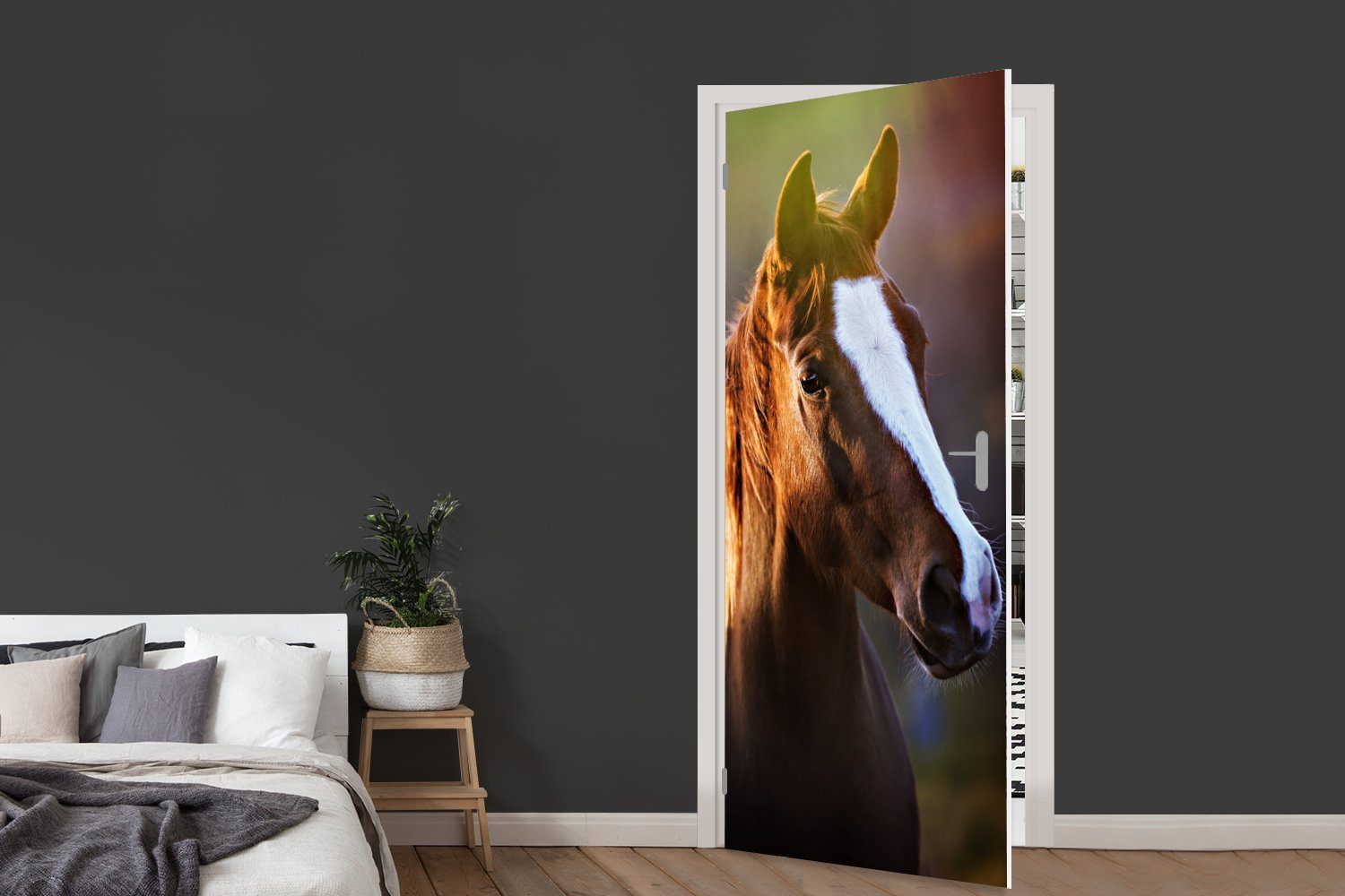 Pferd MuchoWow (1 Türaufkleber, Matt, St), für bedruckt, Türtapete Tür, - Fototapete Licht Mantel, 75x205 - cm