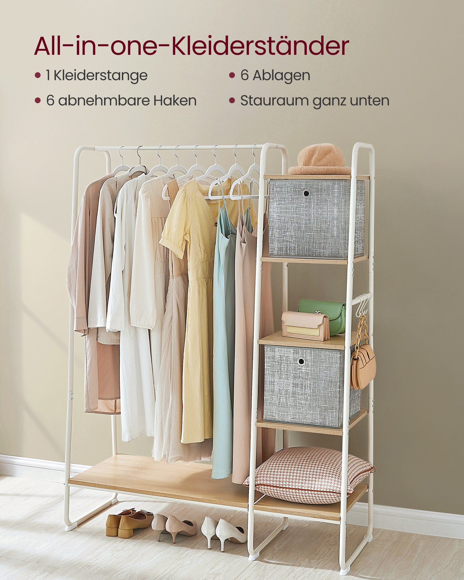 VASAGLE Kleiderständer, mit Kleiderstange, Schuhablage, 6 abnehmbare Haken