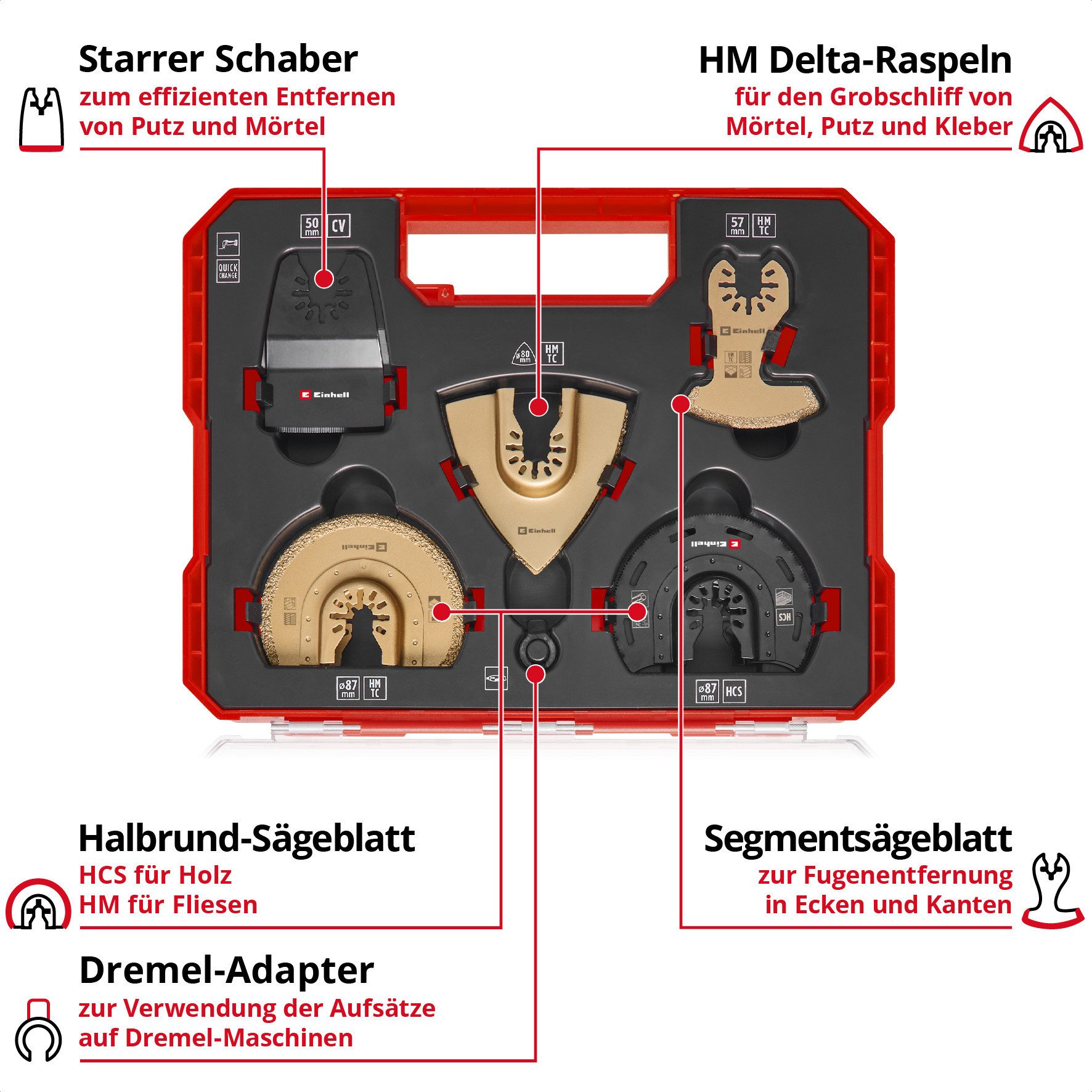 Einhell Bohrer- und Bit-Set Original Einhell XL-PLUS-CASE 10-tlg. Multitool-Set (HCS Halbrund-Säge, (2x HM Halbrund-Sägeblätter (87 mm), 2x HM Delta-Raspeln (80 mm), 1x HM Segmentsägeblatt (57 mm), 2x HCS Halbrund-Sägeblätter (87 mm), 1x Starrer Schaber (50 mm), 2x Adapter für Dremel, 1x Aufbewahrungsbox (30,0 x 23,0 x 5,3 cm), 10-tlg), Original Einhell XL-PLUS-CASE 10-tlg. Multitool-Set (HCS Halbrund-Säge