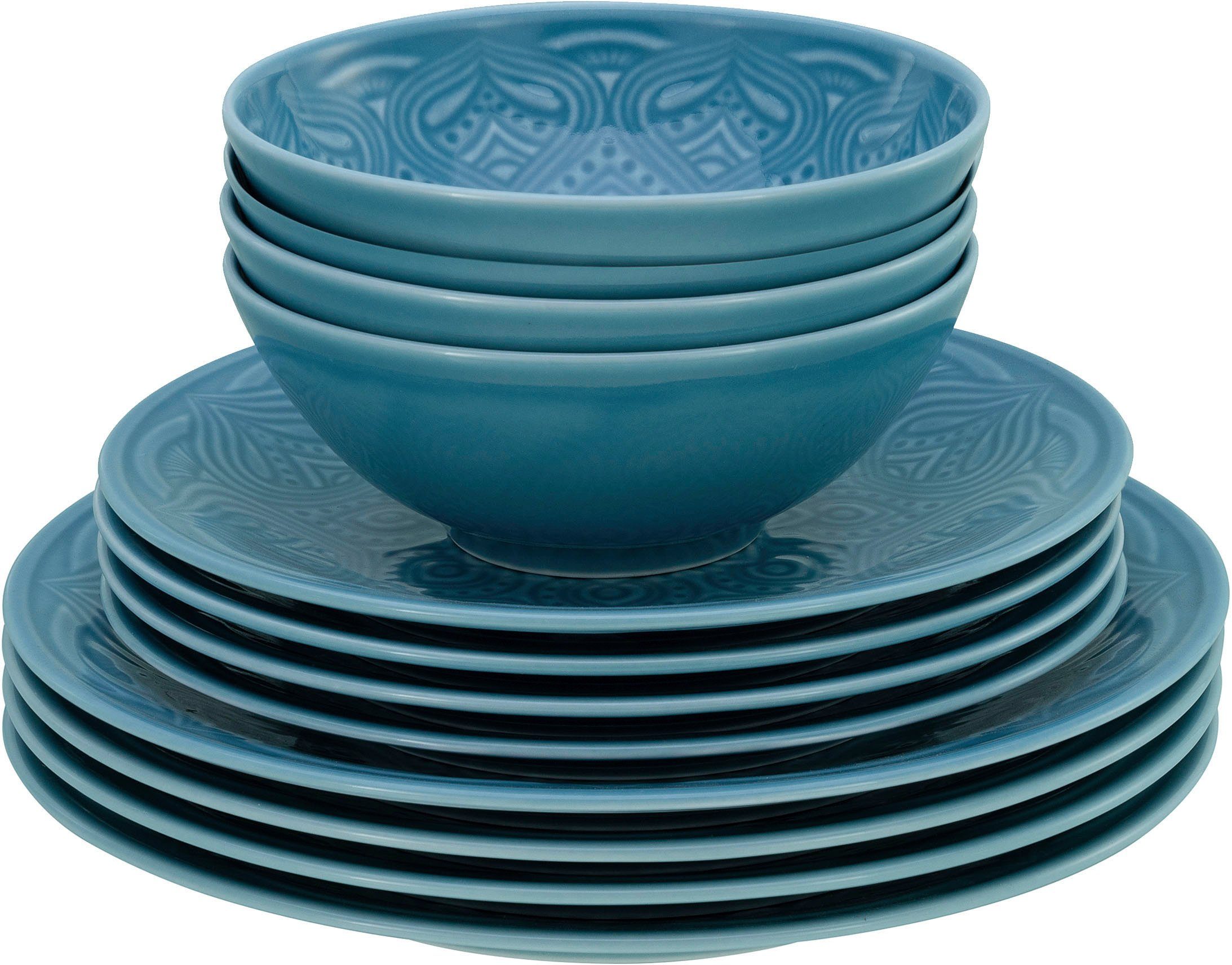 CreaTable Teller-Set Orient Mandala (12-tlg), 4 Personen, Porzellan, Speiseteller, Dessertteller und Schalen im Set blau | Teller-Sets