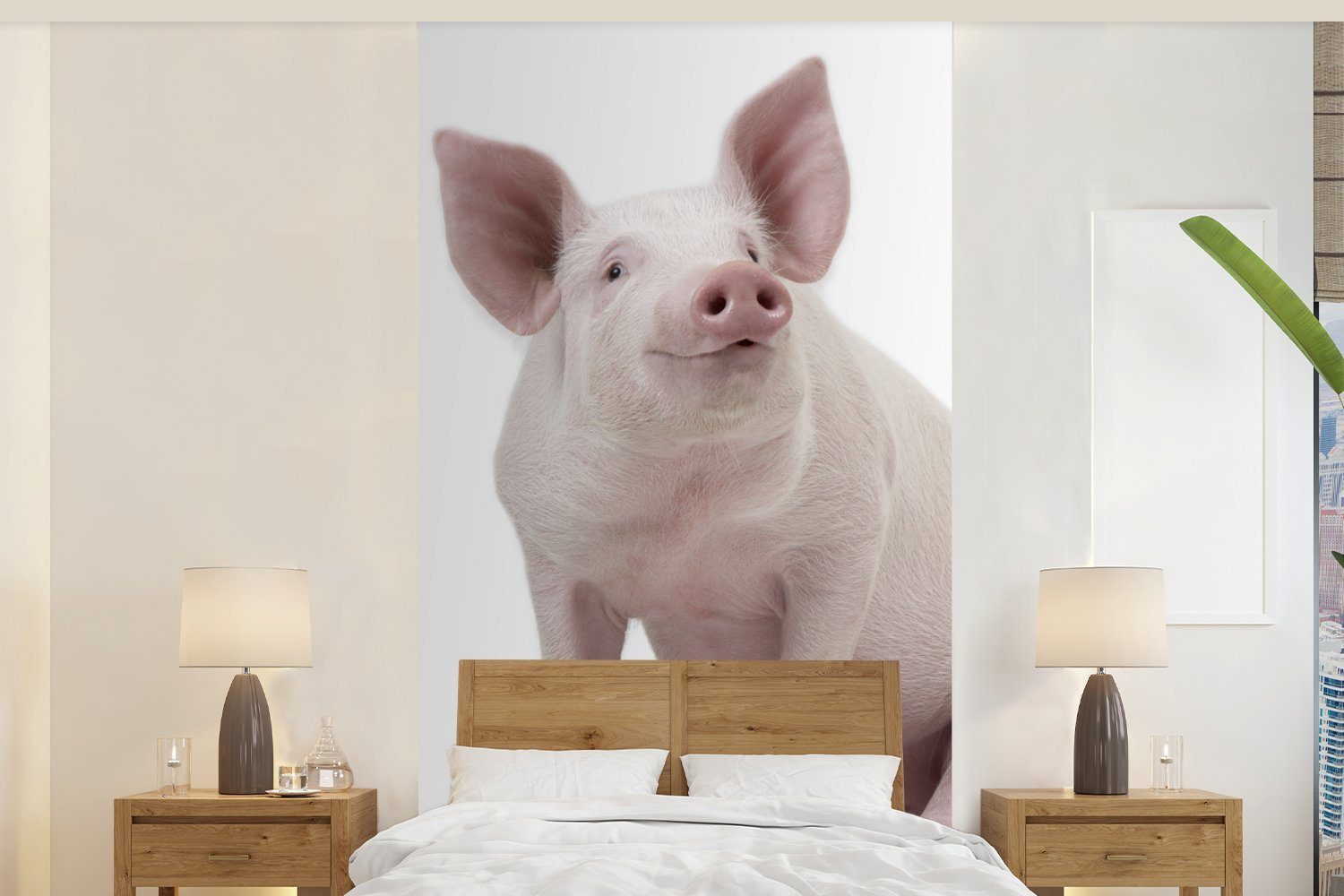 MuchoWow Fototapete Schwein - Fototapete Weiß, bedruckt, Schlafzimmer Bauernhoftiere Küche, - St), für Vliestapete (2 Matt, Wohnzimmer