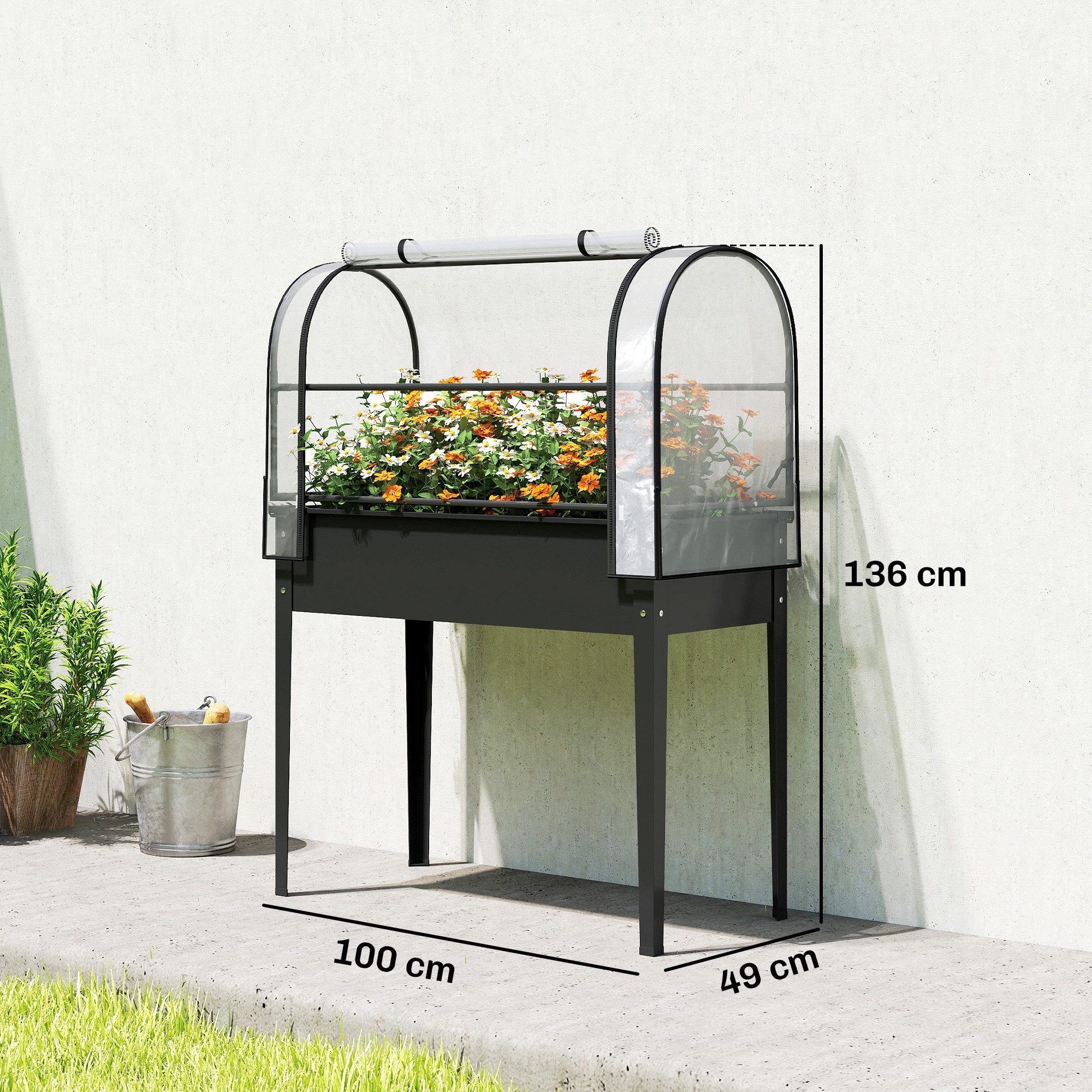 Outsunny Hochbeet mit Gewächshaus-Aufsatz, aufklappbar Abdeckung, Reißverschlusstür (Gemüsebeet, 1 St., Pflanzkasten), für Garten Balkon 100x49x136 cm Schwarz