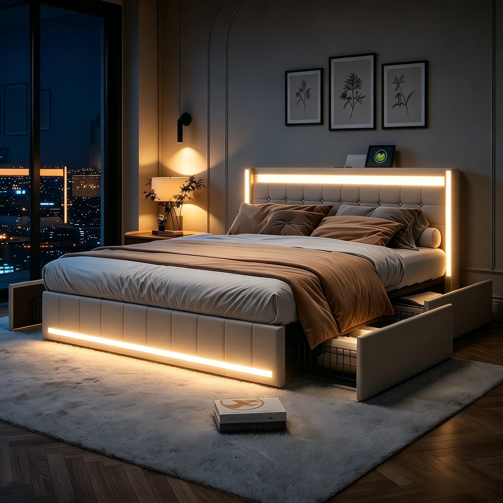 Furnishings Home Polsterbett 140x200 cm Stauraumbett LED Doppelbett (1 tlg, Geeignet für Jungen und Mädchen, Mit große Stauraum), mit Lattenrost und Ladefunktion, mit Komforthöhe, Leises Design Bett
