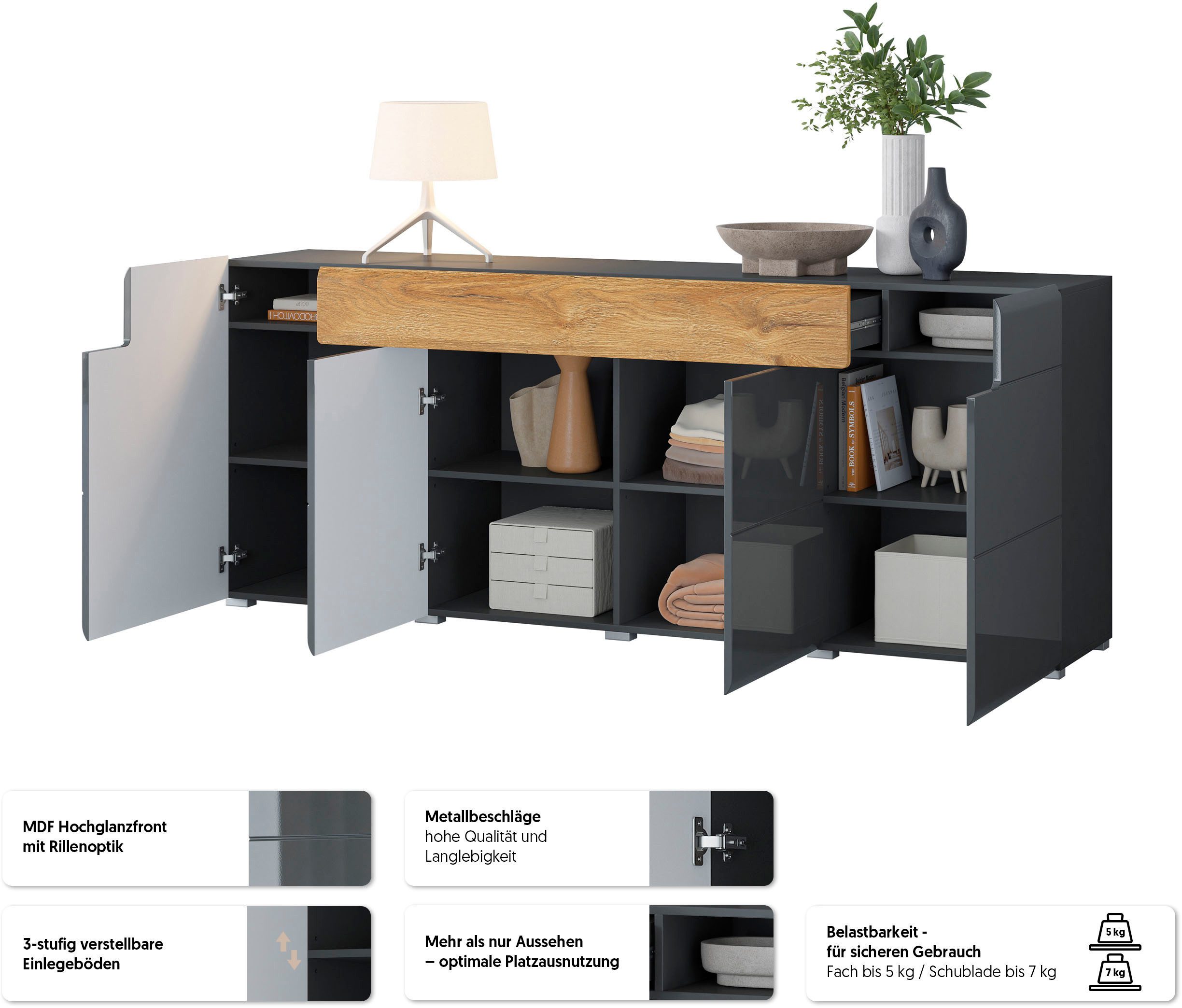 OTTO home Sideboard Toledo,Breite 208cm,moderne Kommode mit dekorative Fräsungen,grifflos, Kombikommode mit viel Stauraum, Einlegeböden verstellbar