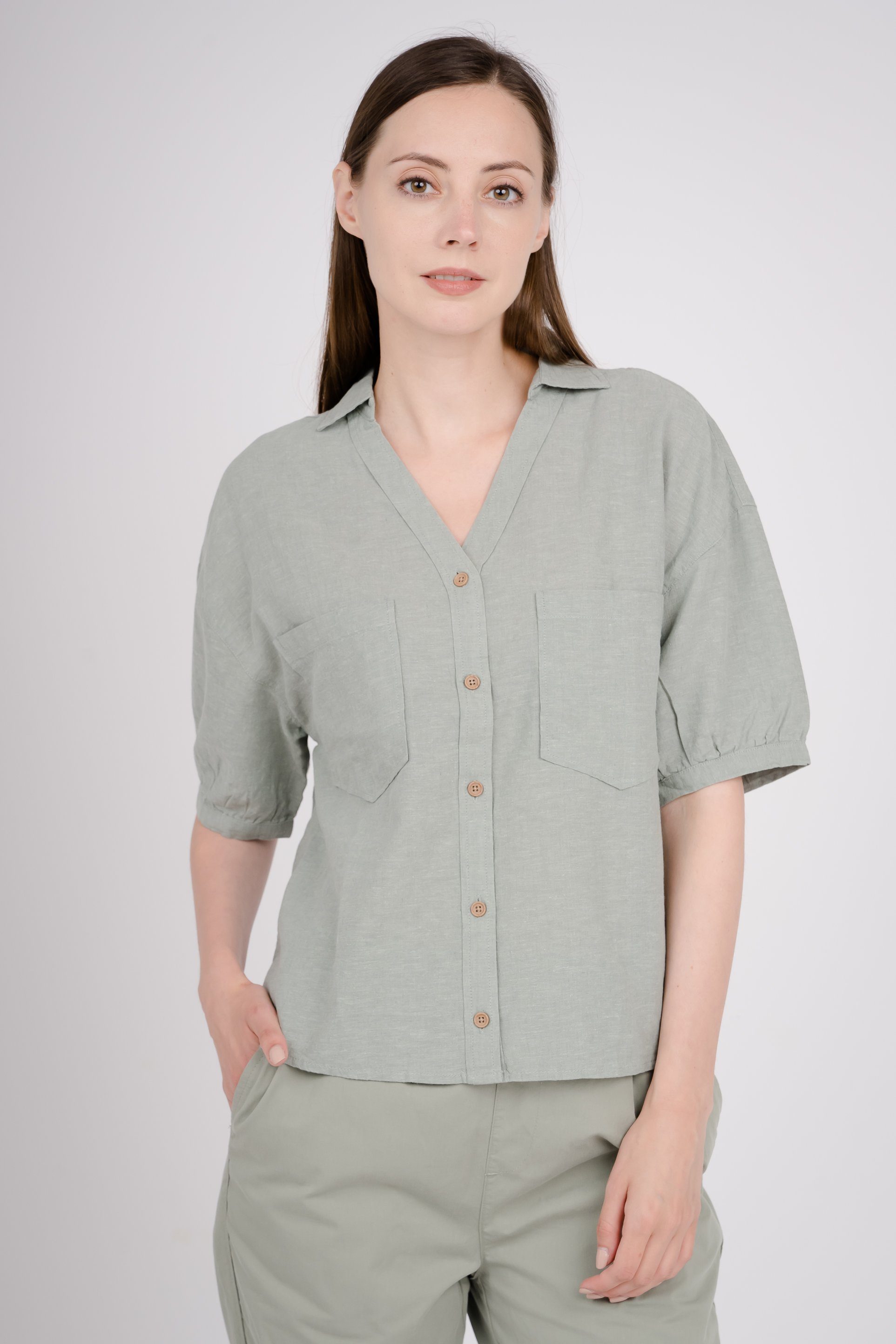 GIORDANO Klassische Bluse mit schicken Puffärmeln grün