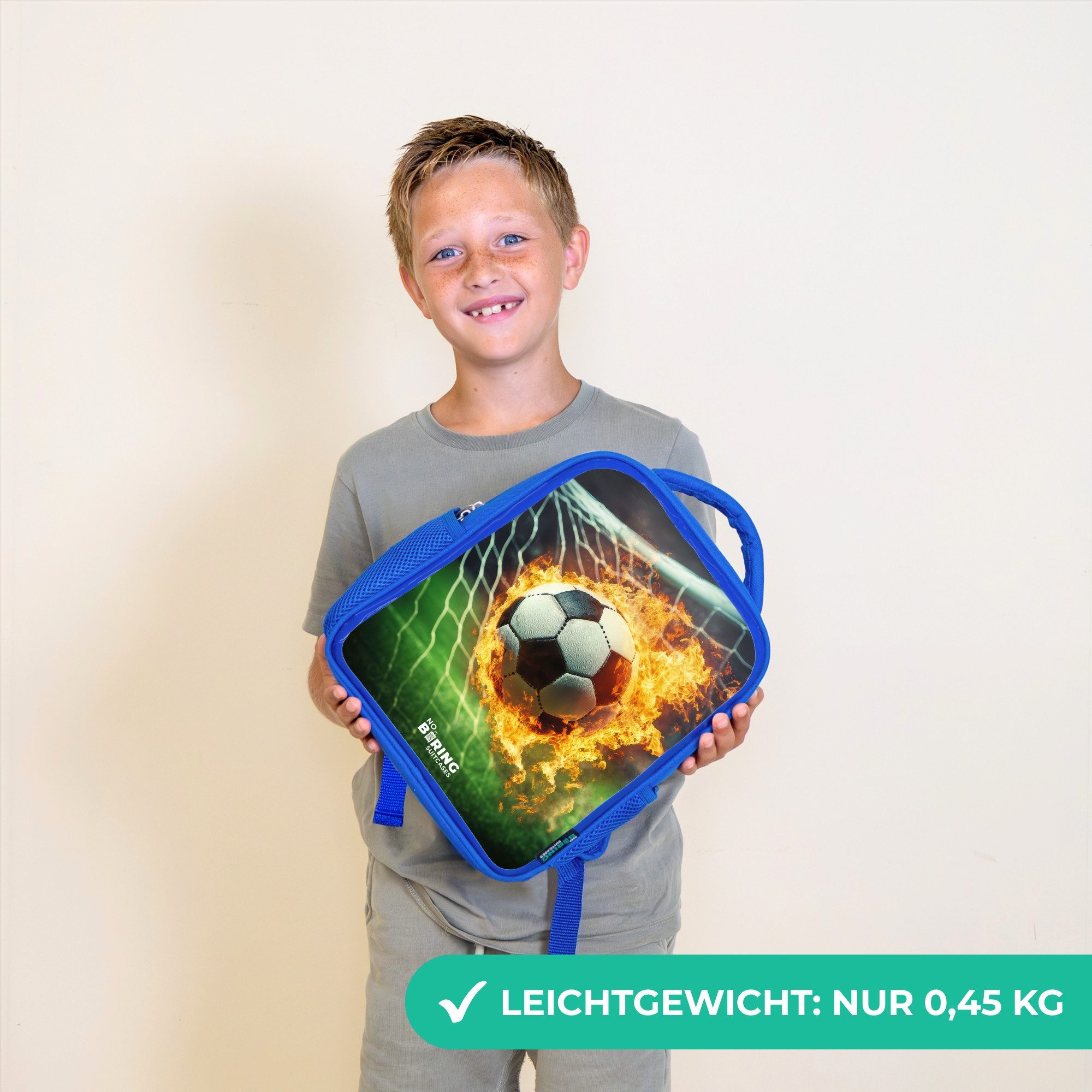 NoBoringSuitcases.com© Rucksack Blau - Feuerfußball im Tornetz gefangen, Kinderrucksack, Schulrucksack, Freizeitrucksack, Jungen, Kindergarten