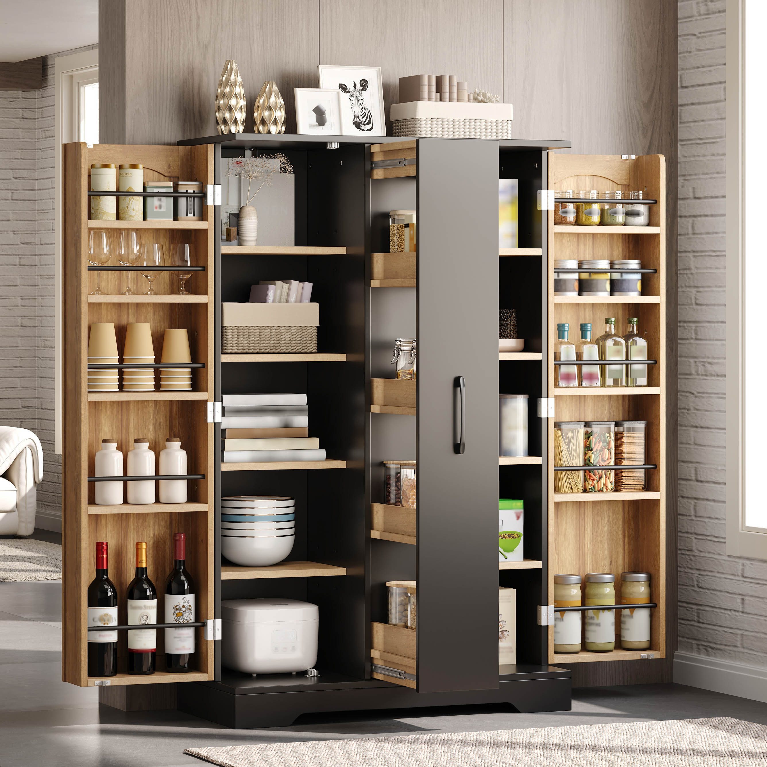 Celya Küchenbuffet Küchenschrank Doppeltürschrank mit 4-stufigem Vertikalauszug (mit Gewürzregal, verstellbaren Regalböden und modernem Design)