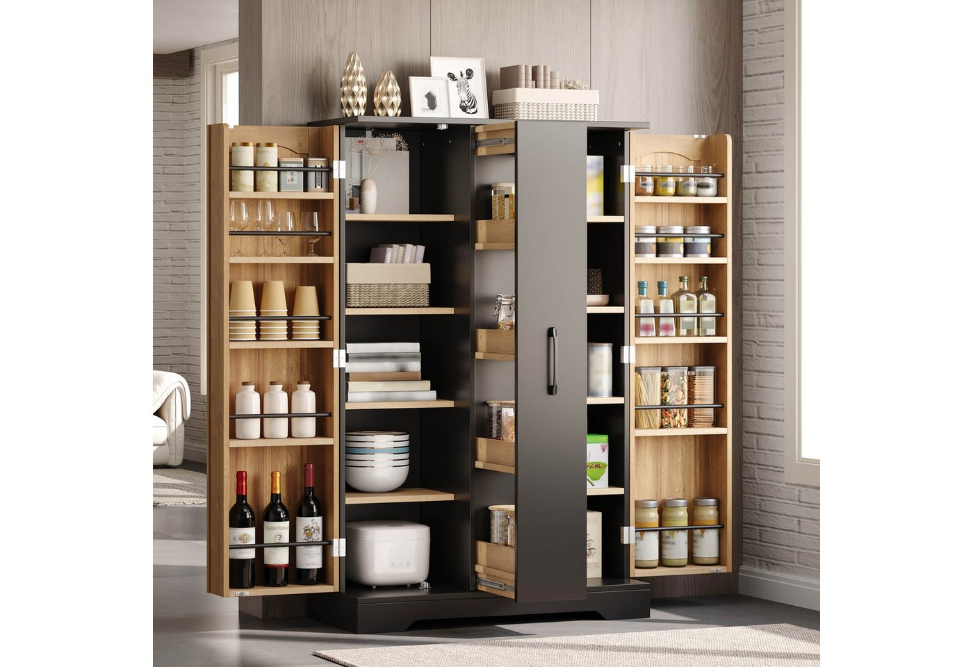 Celya Küchenbuffet Küchenschrank Doppeltürschrank mit 4-stufigem Vertikalauszug (mit Gewürzregal, verstellbaren Regalböden und modernem Design)