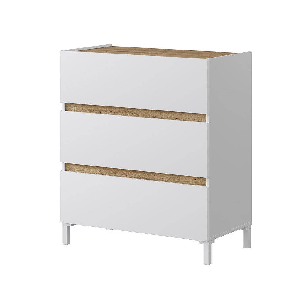 FORES HABITAT Kommode 3 Schübe, Artik Weiß / Nodi Eiche Dekor - 79x90x41 (BxHxT)