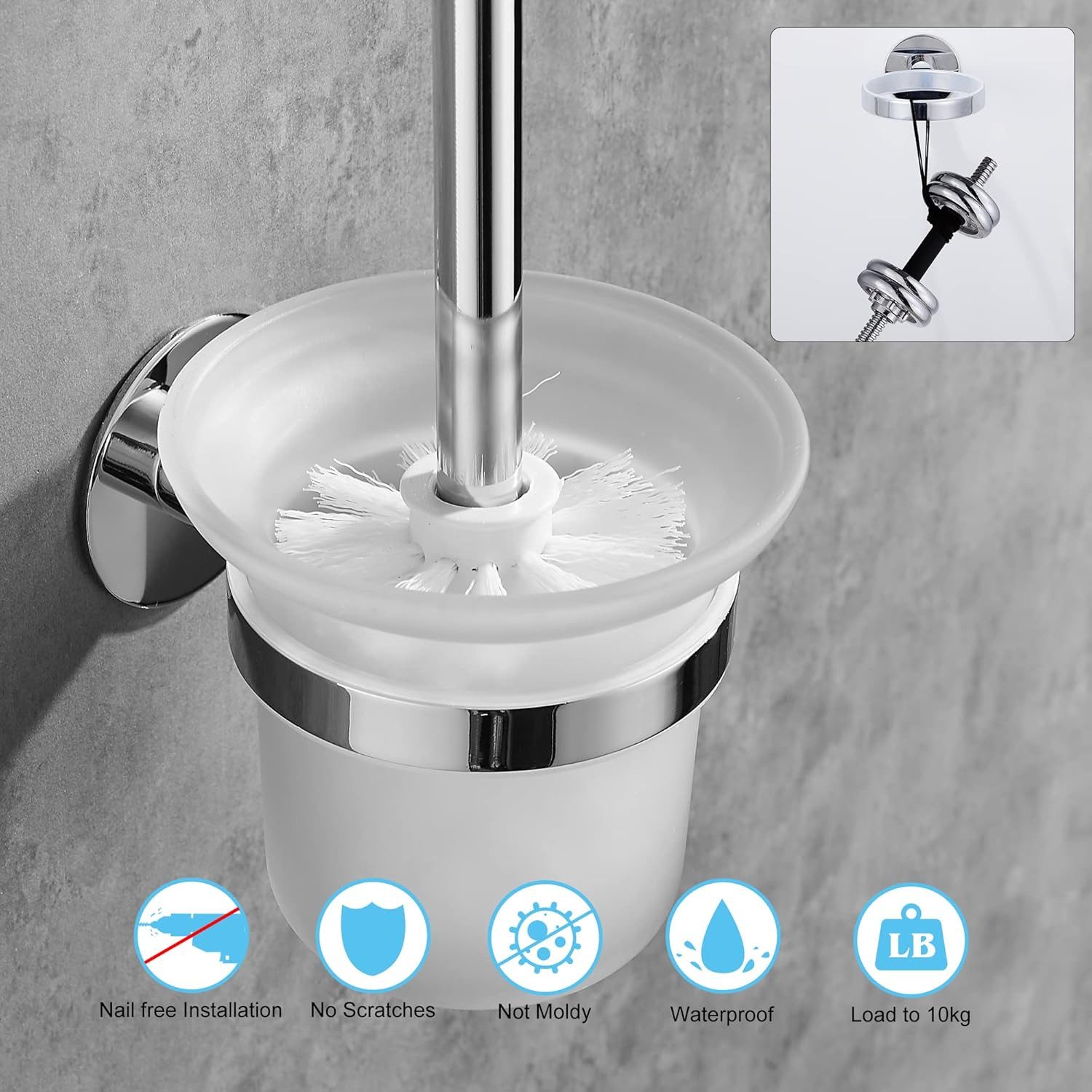 wohnTRAUM24 WC-Garnitur Toilettenbürste und Bürstenhalter,WC-Toilettenbürstensets, mit Edelstahlgriff und Gehärteter Glasschale – Bild 5 von 5