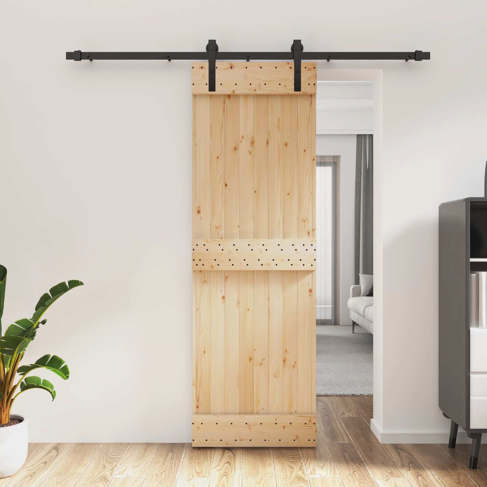 furnicato Schiebetür Massivholz 70 x 210 cm Natur Schwarz, Stabile Schiebetür-Anlage mit pulverbeschichteter Stahlschiene innen