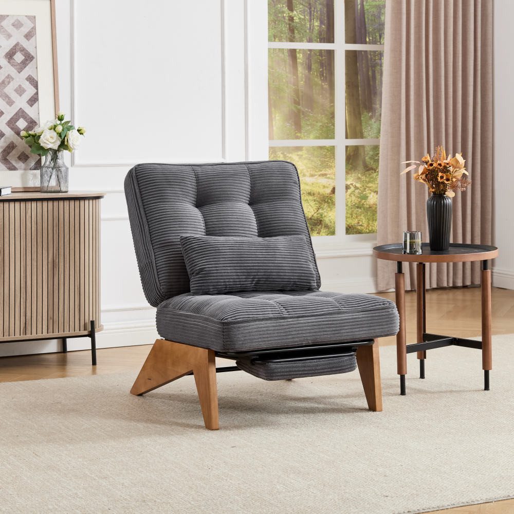 BBWL Loungesessel mit Fußstütze & Lendenkissen aus Cord Stoff, rückenfrei, Holzbeine, Moderner verstellbarer Loungesessel