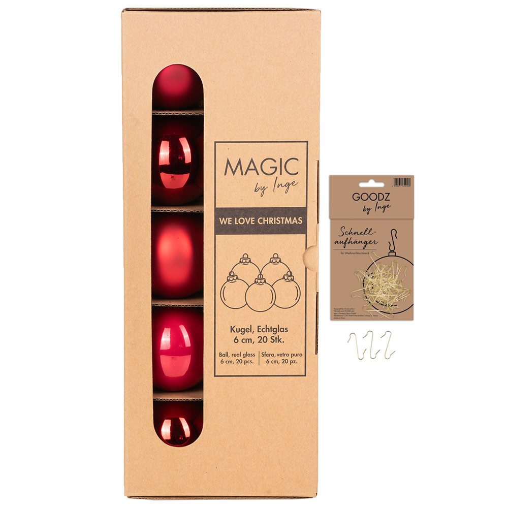 MAGIC by Inge Weihnachtsbaumkugel Weihnachtskugeln 20 Stk 6cm ruby red + 40 Haken gold