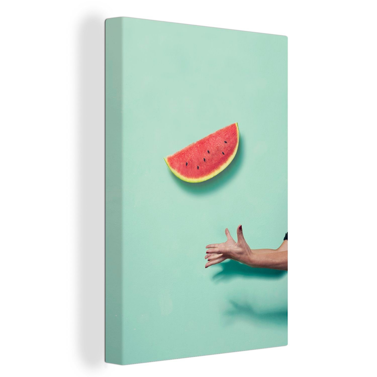 OneMillionCanvasses® Leinwandbild Wassermelone - Grün - Frau, (1 St), Leinwandbild fertig bespannt inkl. Zackenaufhänger, Gemälde, 20x30 cm