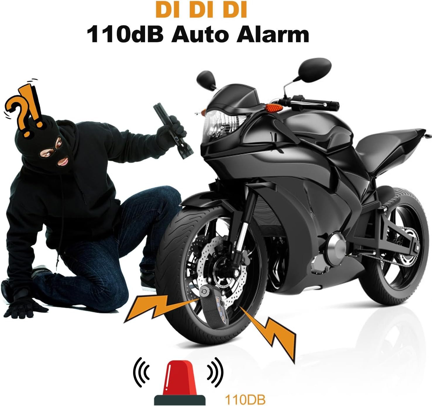 ibettertec Rahmenschloss Bremsscheibenschloss mit 110dB,Diebstahlsicherung,Fahrradschlösser (für Motorrad, Fahrrad, Scooter,Aluminiumgehäuse, Wetterfest & Staubdicht, Fahrrad Alarmanlage, Motorrad Schloss Alarm, 1,2 m Erinnerungskabel)