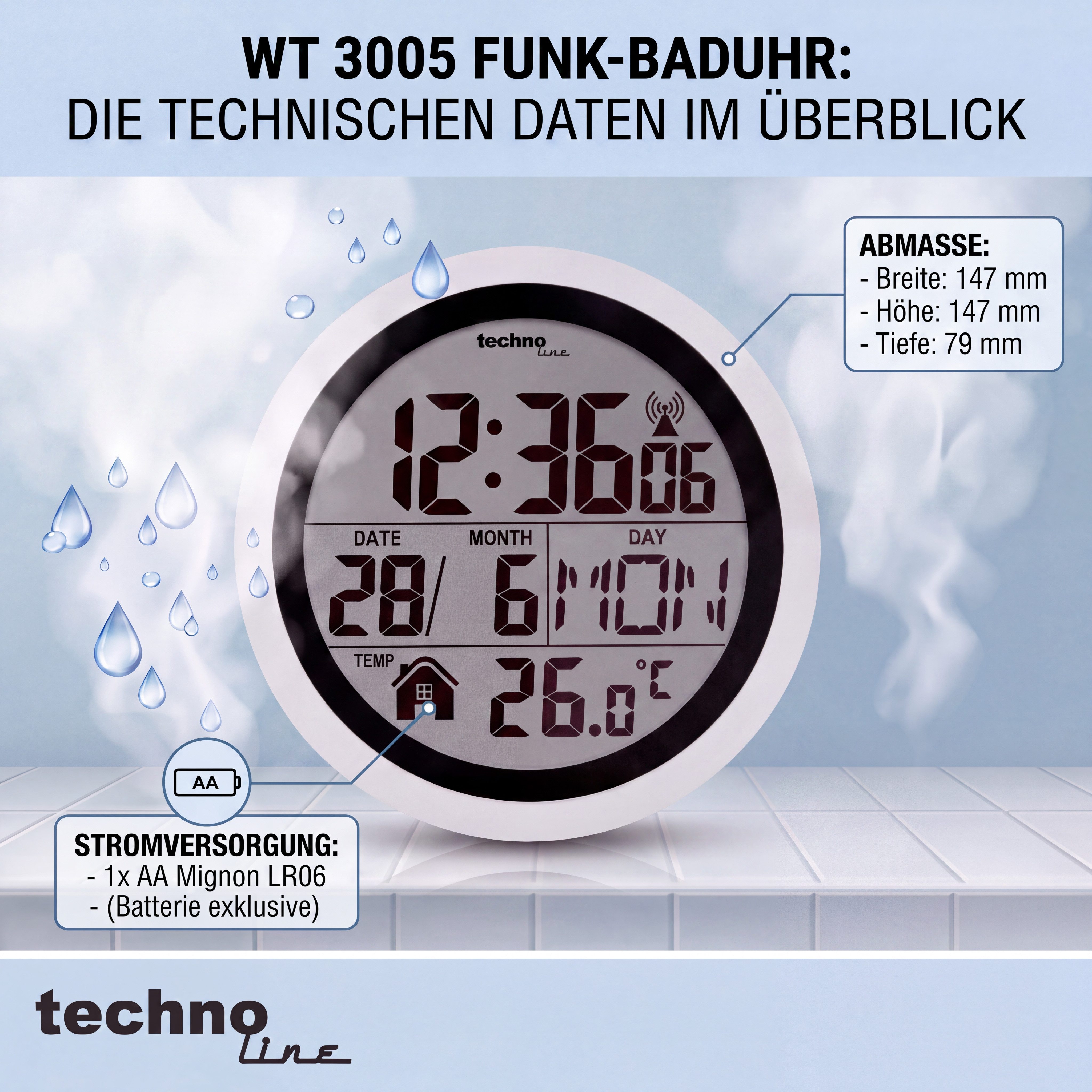 technoline Badezimmeruhr WT 3005 (mit Saugnäpfen zur einfachen Montage)