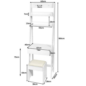 COSTWAY Schminktisch, mit Hocker, Klappspiegel, Ablagen, Haken, 60x40x180cm