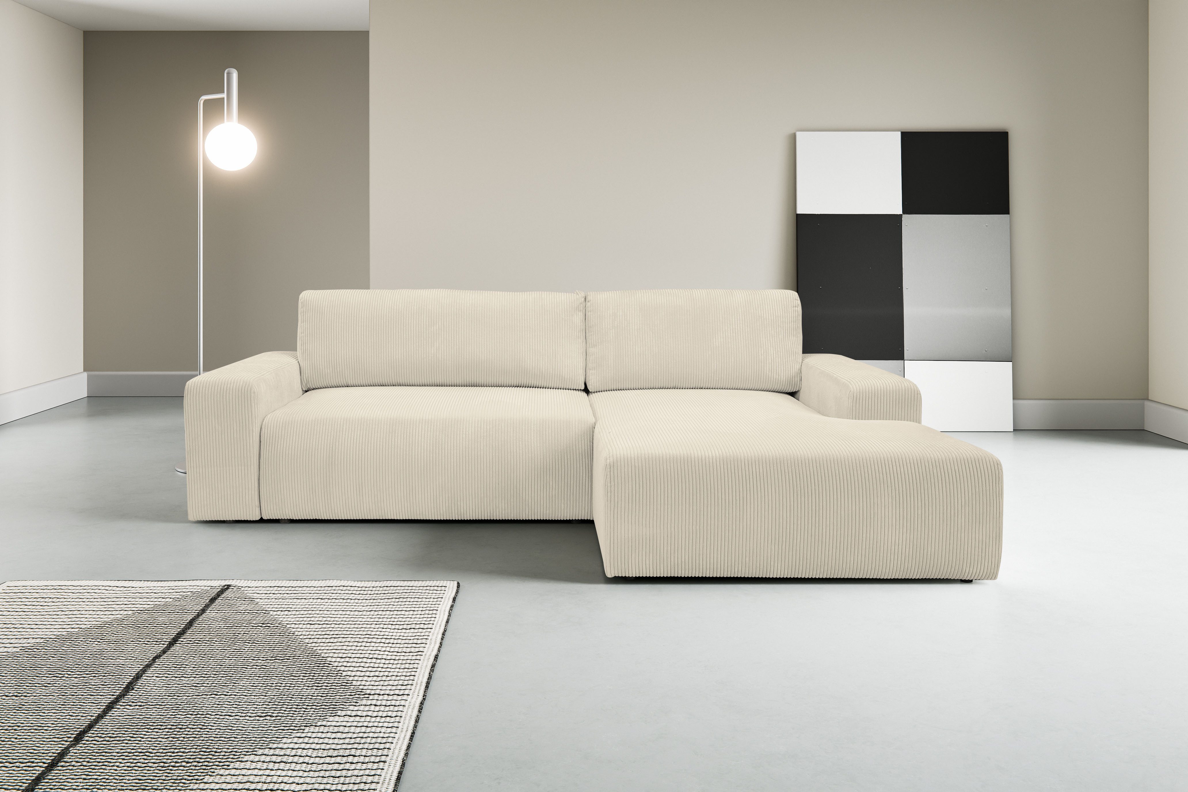 WERK2 Ecksofa Rotterdam-L 267 x 165 cm modern und bequem, Cord, L-Form, Schlaffunktion, Bettkasten