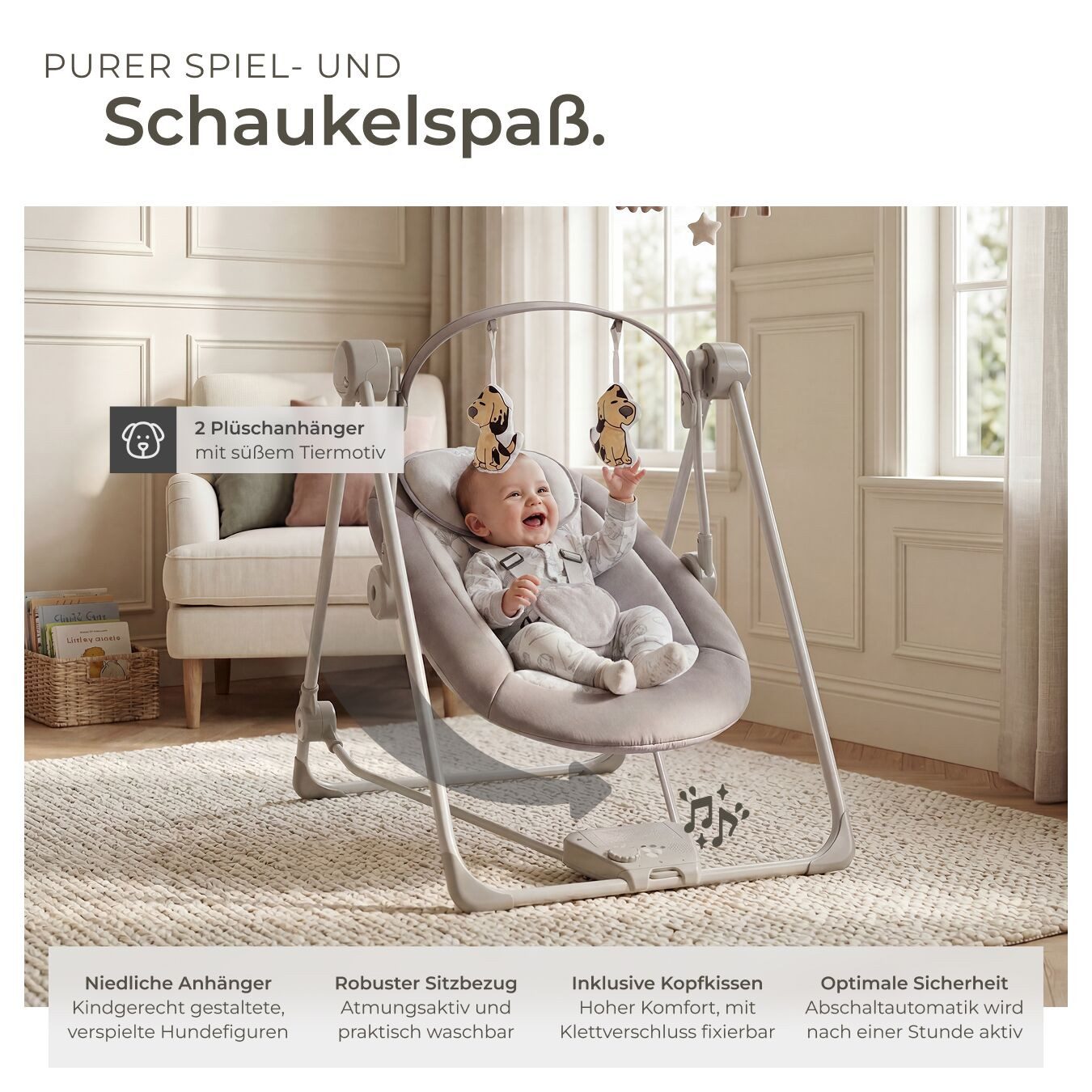 tectake Babyschaukel klappbare elektrische Schaukel mit Timer und 5 Geschwindigkeiten, 5 beruhigende Naturgeräusche und Spielebogen