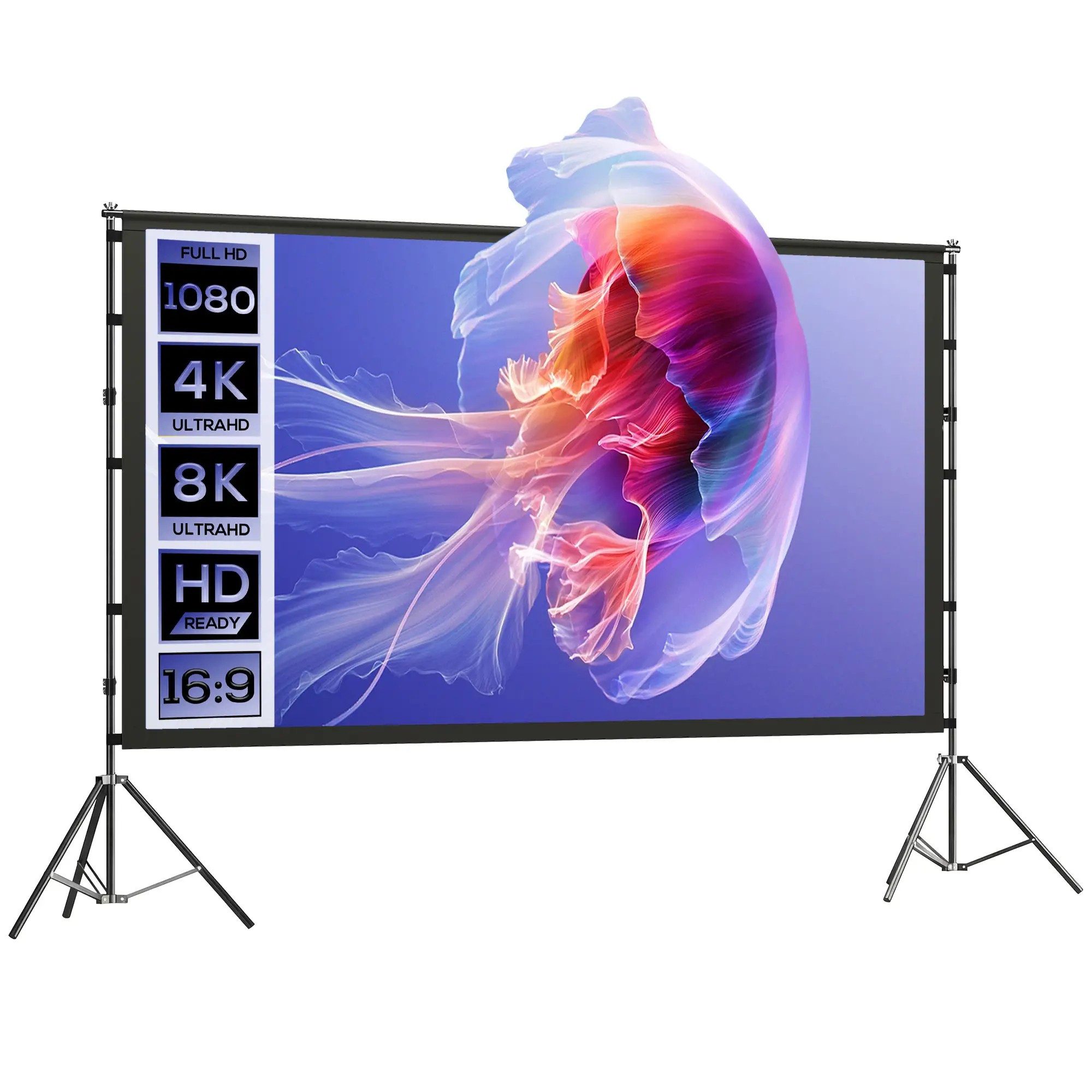 BlingBin Beamer Leinwand 100/120" 16:9 HD 4K/8K Projektionsleinwand mit Stativ Stativleinwand (160 Grad Betrachtungswinkel, Tragbare Doppelseitige Leinwand)