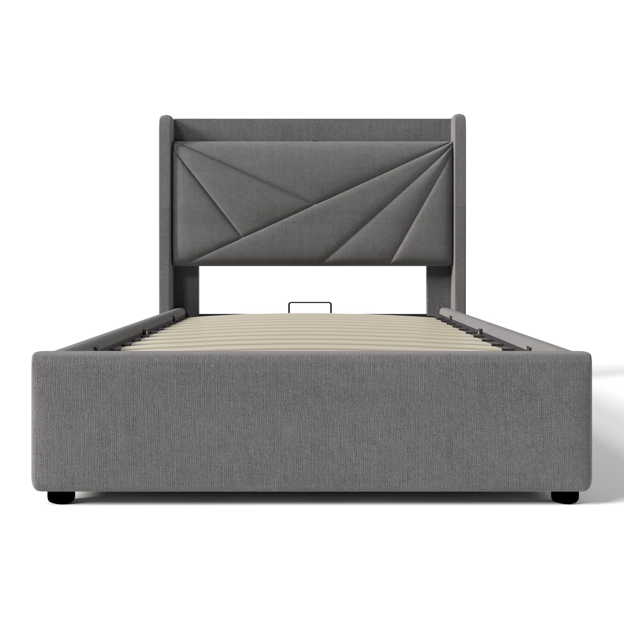 Flieks Polsterbett, Massivholz Stauraumbett mit USB/Typ-C Ladeanschluss 90x200cm Leinen