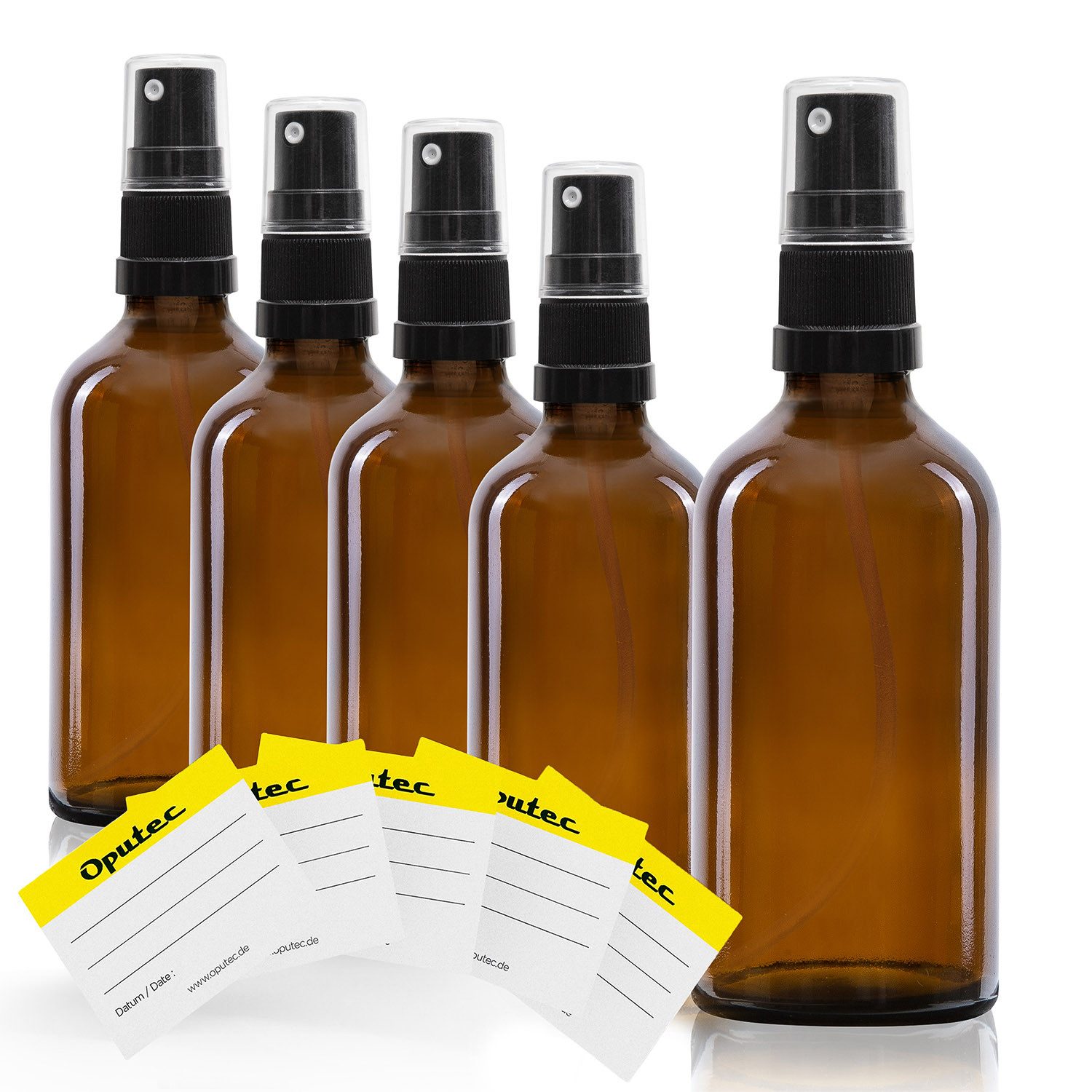 Oputec Sprühflasche 5 x 50ml Braunglas - Sprühflasche, schwarzer Zerstäuber + 5 Etiketten, (Sparset, 5x 50ml)