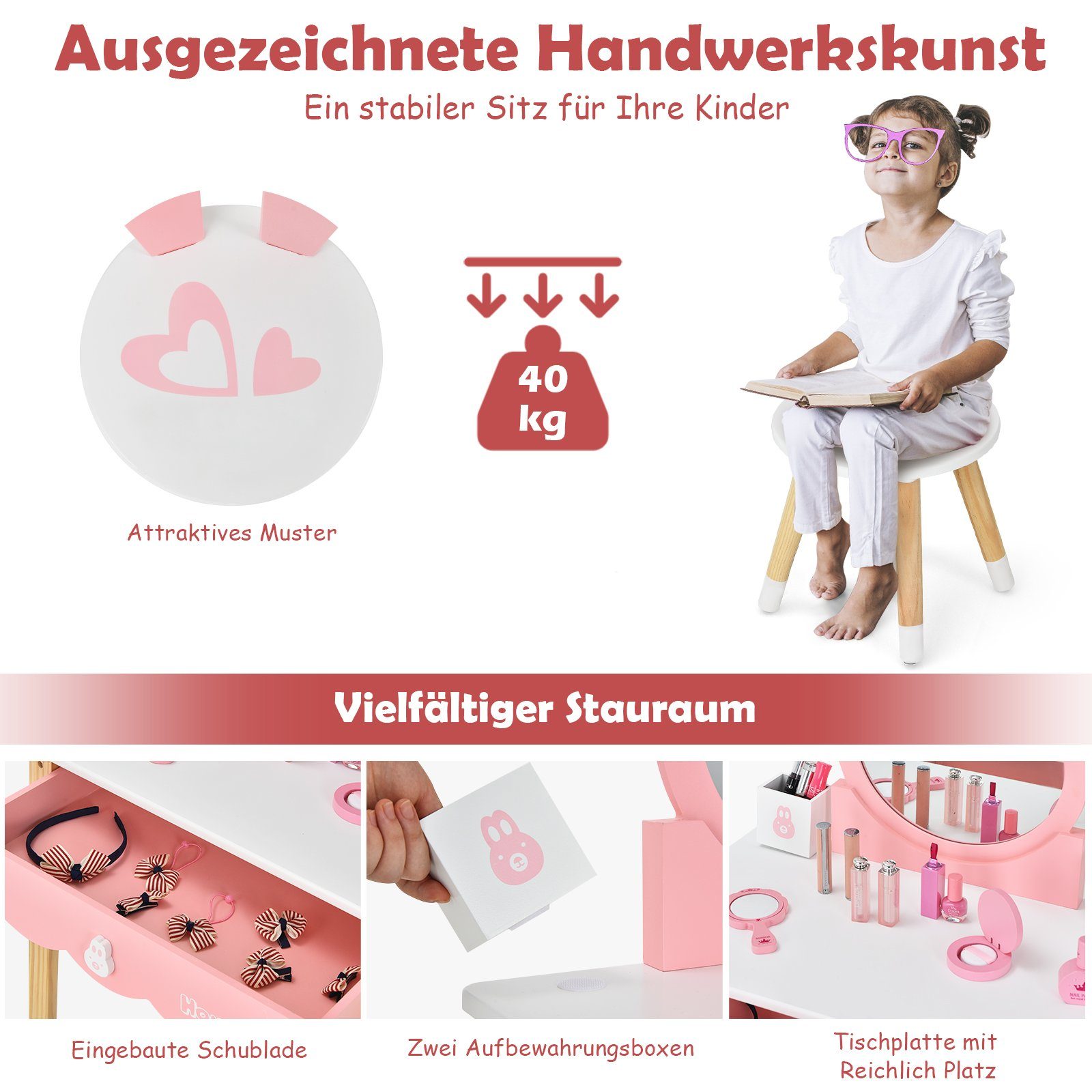 COSTWAY Schminktisch, Kinder, mit Hocker, weiß Schublade&Aufbewahrungsbox Spiegel