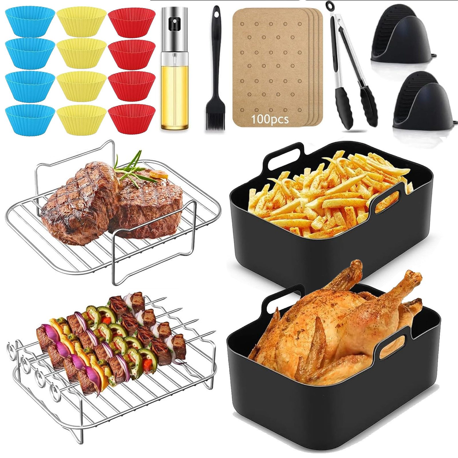 Küchenmaschinen Zubehör-Set Heißluftfritteuse Zubehör, Edelstahl-Airfritteusenkorb Zubehör