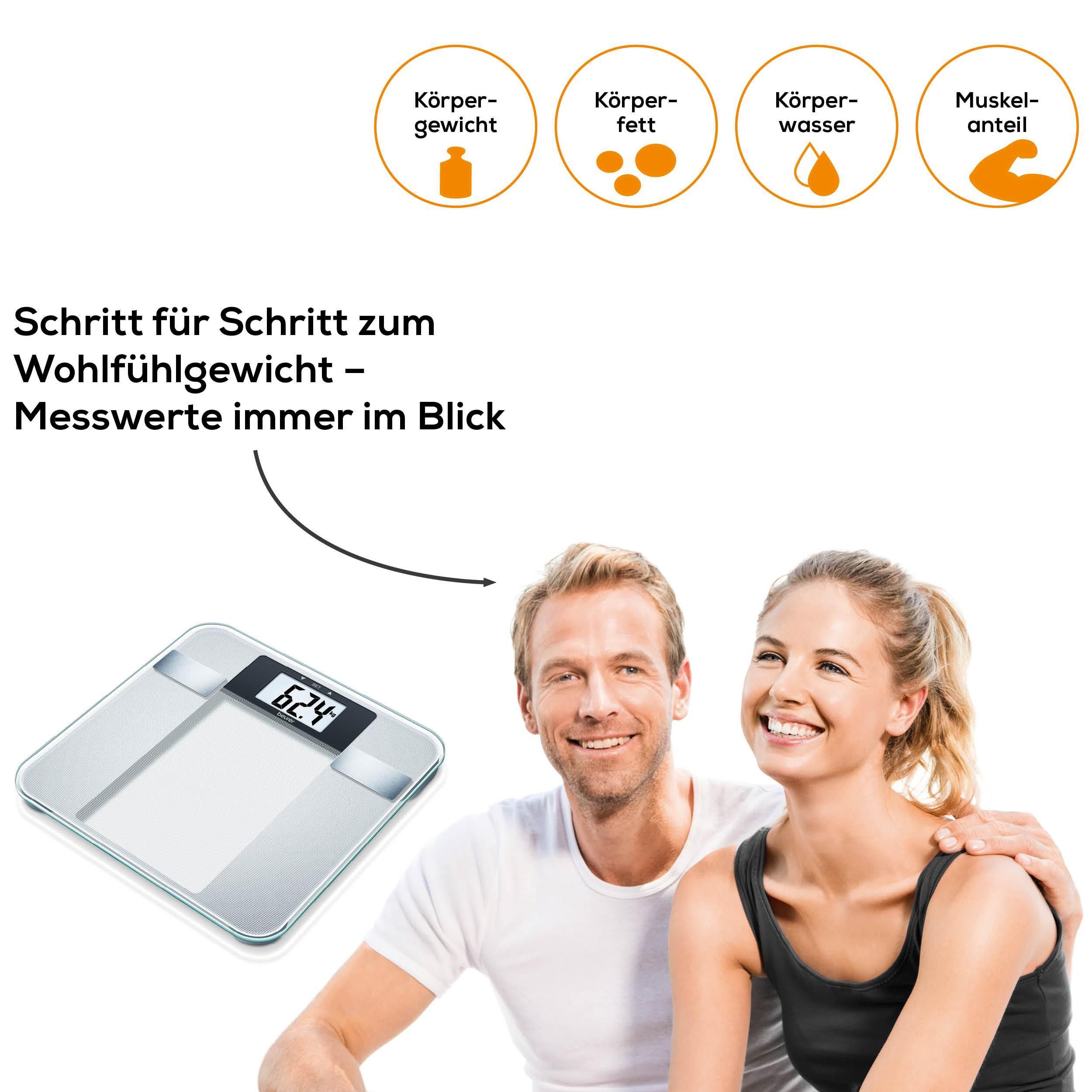 BEURER Körper-Analyse-Waage BG 13 zur Messung von Gewicht, Körperfett, Körperwasser, Muskelanteil, Trittfläche aus Sicherheitsglas, Tragkraft bis 150 kg