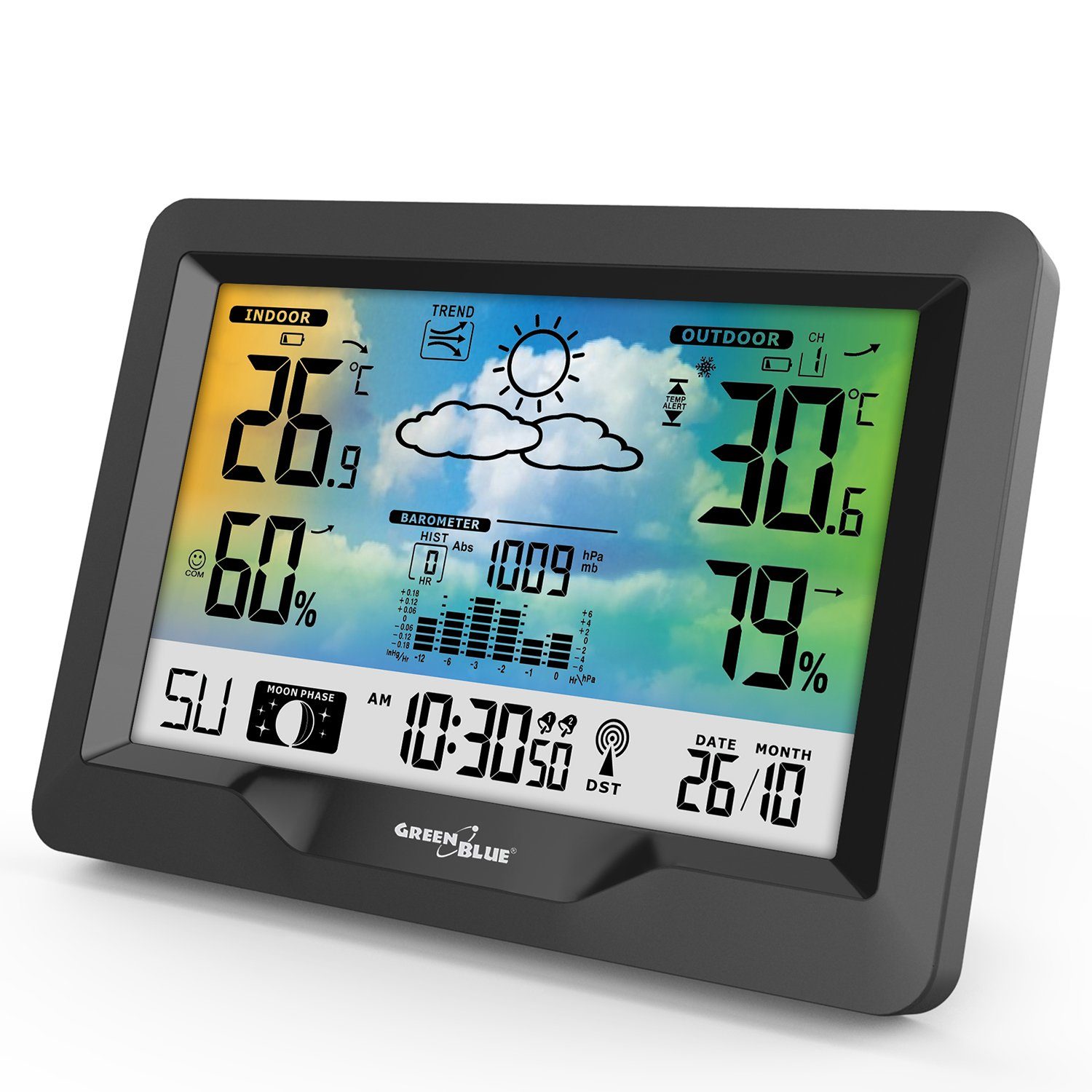 Temperatur, Farbdisplay, Wettervorhersage) Funkwetterstation (mit GreenBlue GB540 Luftfeuchtigkeit, Außensensor, Luftdruck,