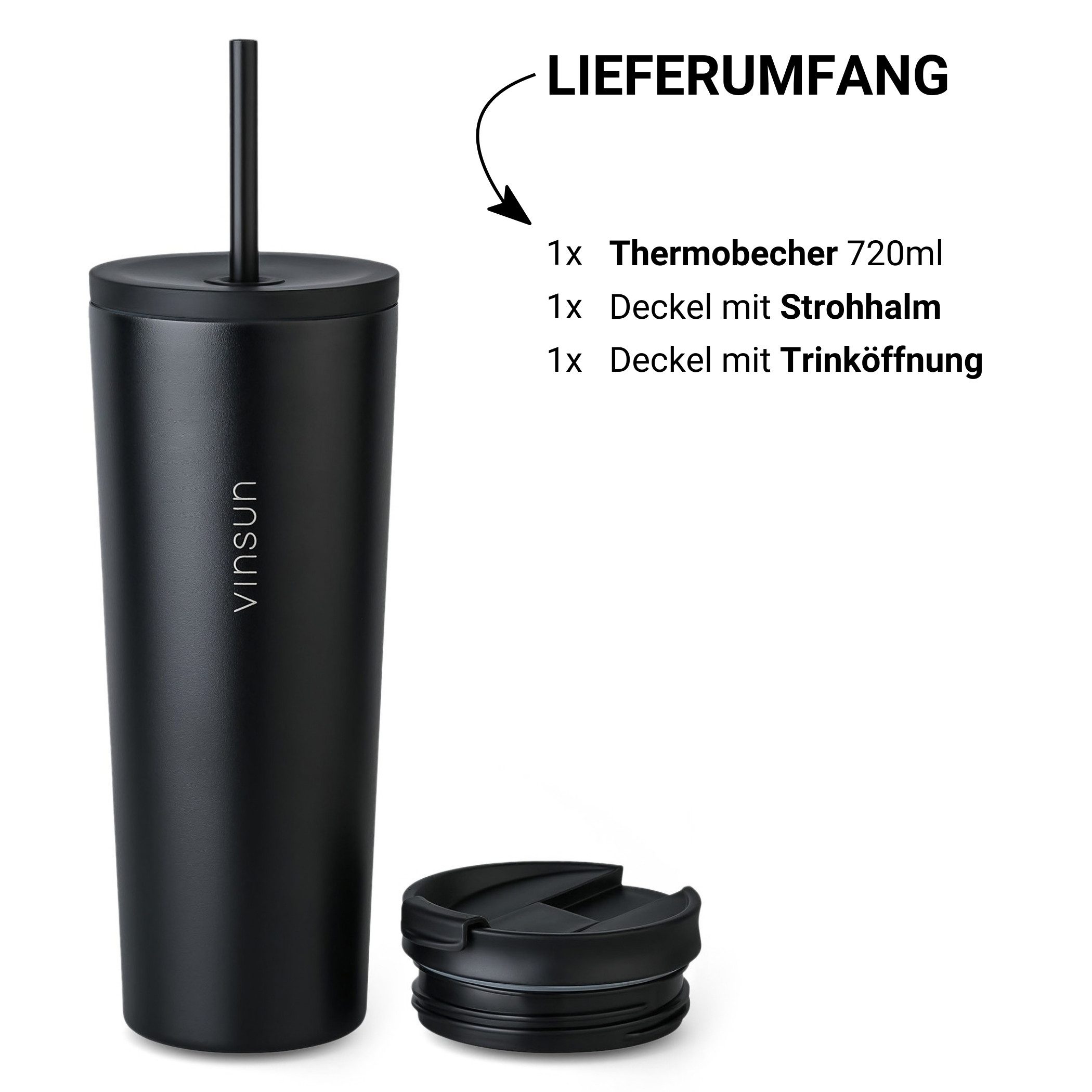 Vinsun Thermobecher Edelstahl Becher mit Strohhalm 720ml - Isolierbecher auslaufsicher, 4-tlg., Edelstahl, Doppelwandig isoliert, BPA frei, bruchfest, Kalt- und – Bild 2 von 5