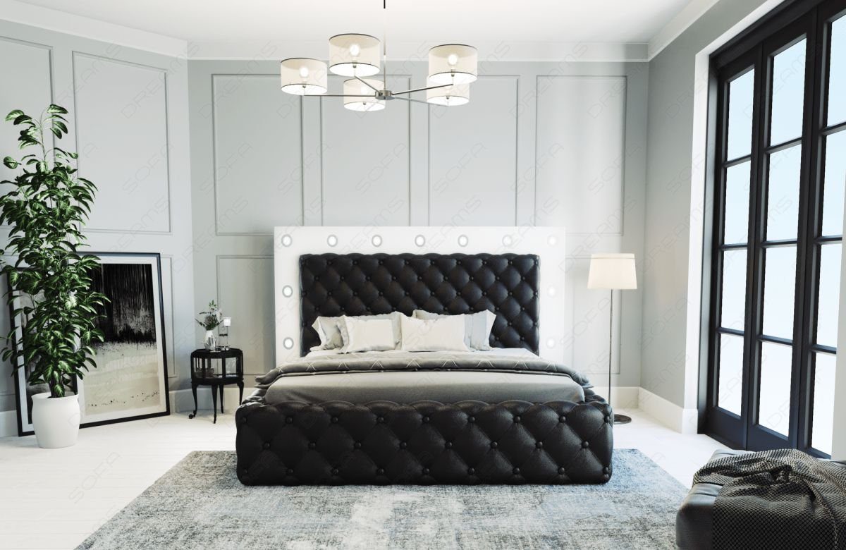 Dreams Kunstleder Alessandria mit Bett schwarz-weiß Boxspringbett Topper Beleuchtung, Premium mit Komplettbett LED Sofa
