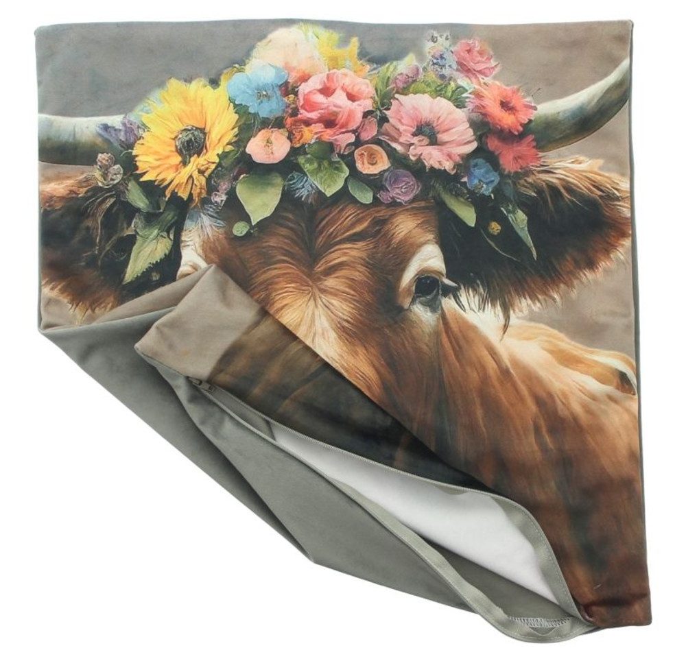 Home-trends24.de Kissenhülle Kuh mit Blumenkranz Samt Kissenhülle Kissenbezug Deko