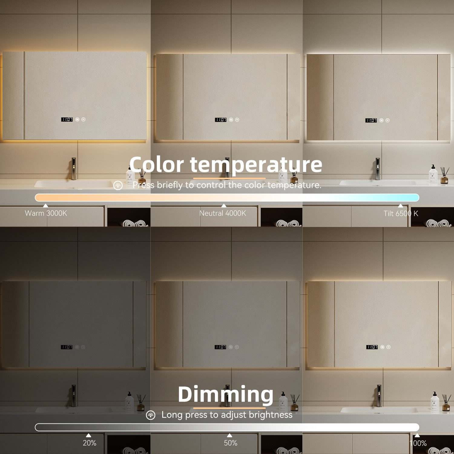 oyajia Badspiegel mit Beleuchtung LED Wandspiegel Antibeschlag Badspiegel Kosmetikspiege, 3 Lichtfarben Dimmbare mit Touch-Steuerung, IP44, Memory Funktion, Uhr