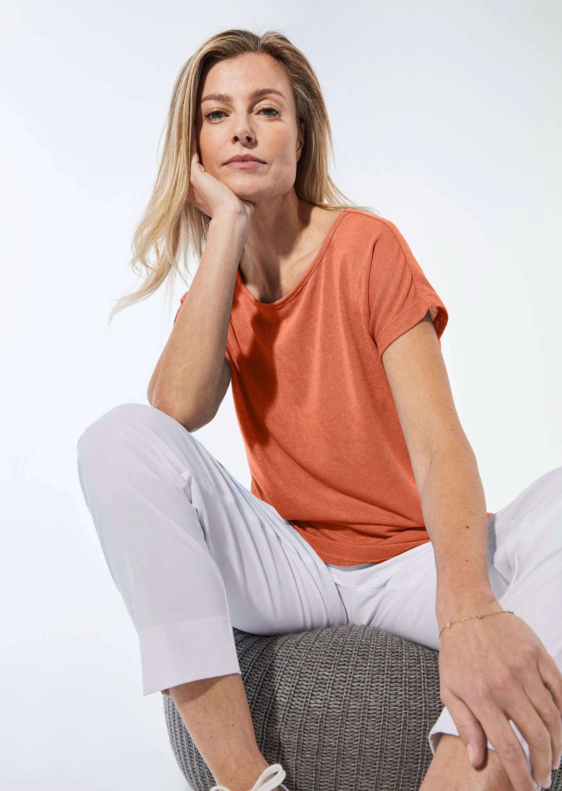 GOLDNER T-Shirt Leinenoptik-Shirt, U-Boot-Ausschnitt Uni-Design mit elegantem U-Boot-Ausschnitt und modernem Bund